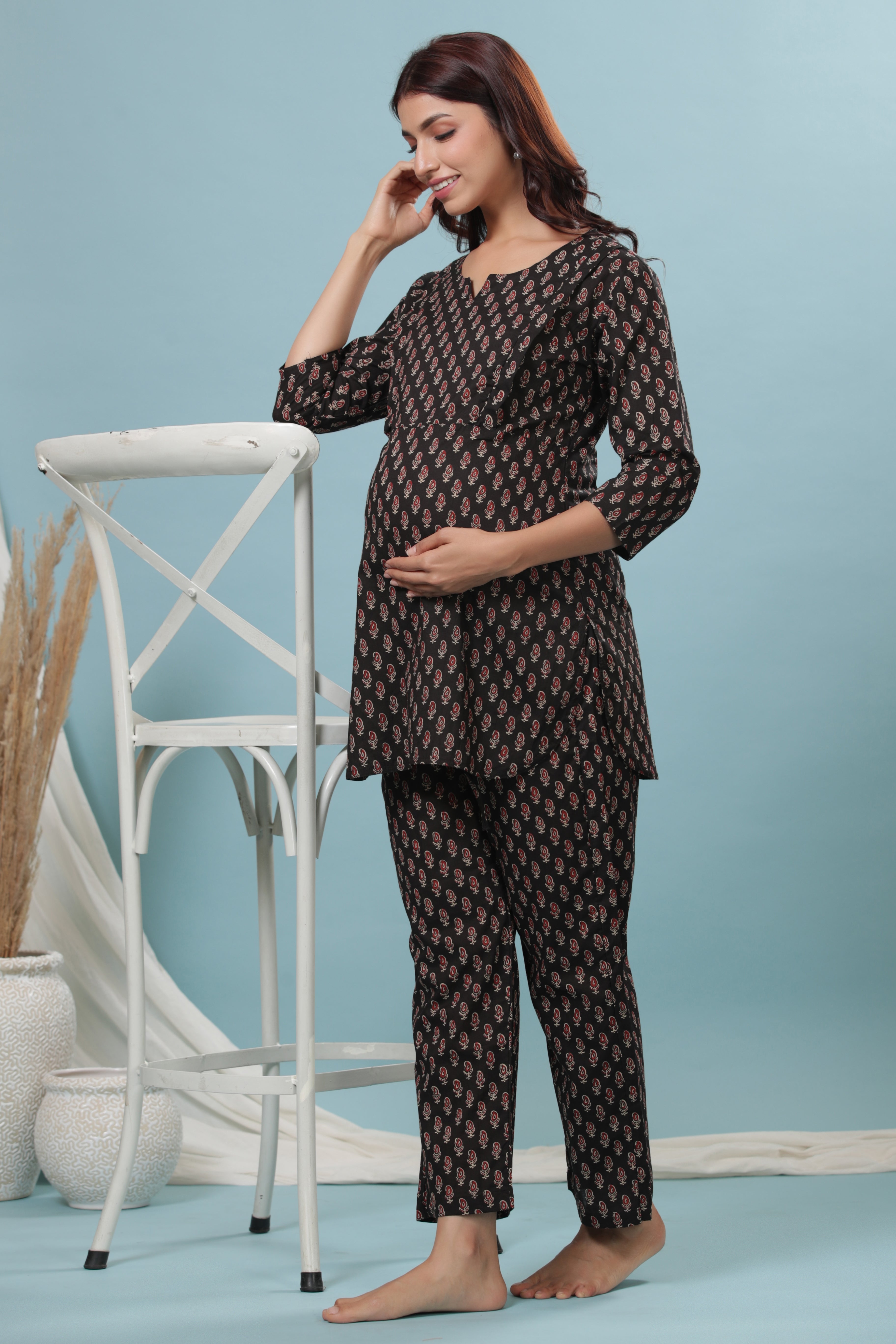 Charcoal Booti Cotton Maternity - Nursing Co-ord Set