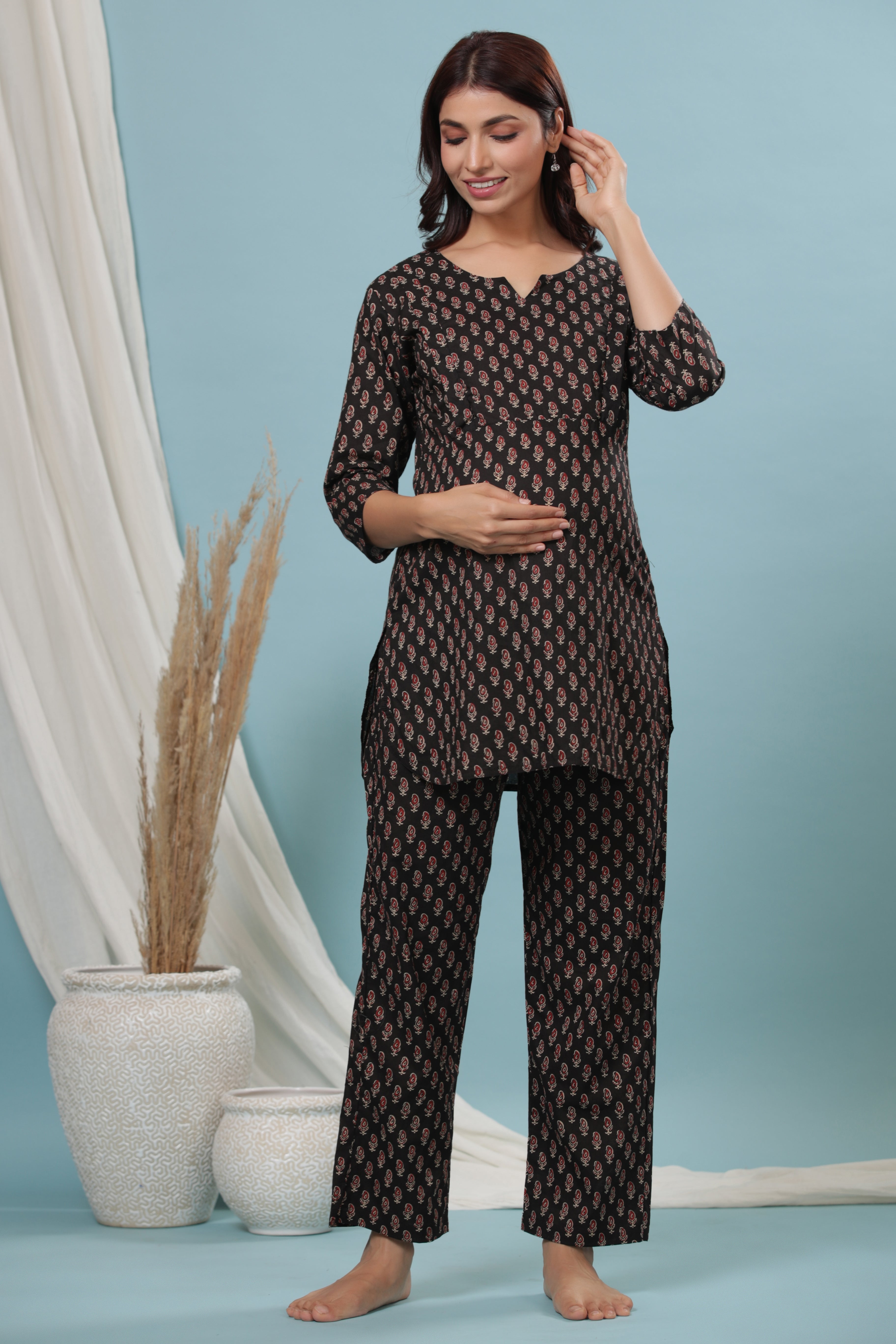 Charcoal Booti Cotton Maternity - Nursing Co-ord Set