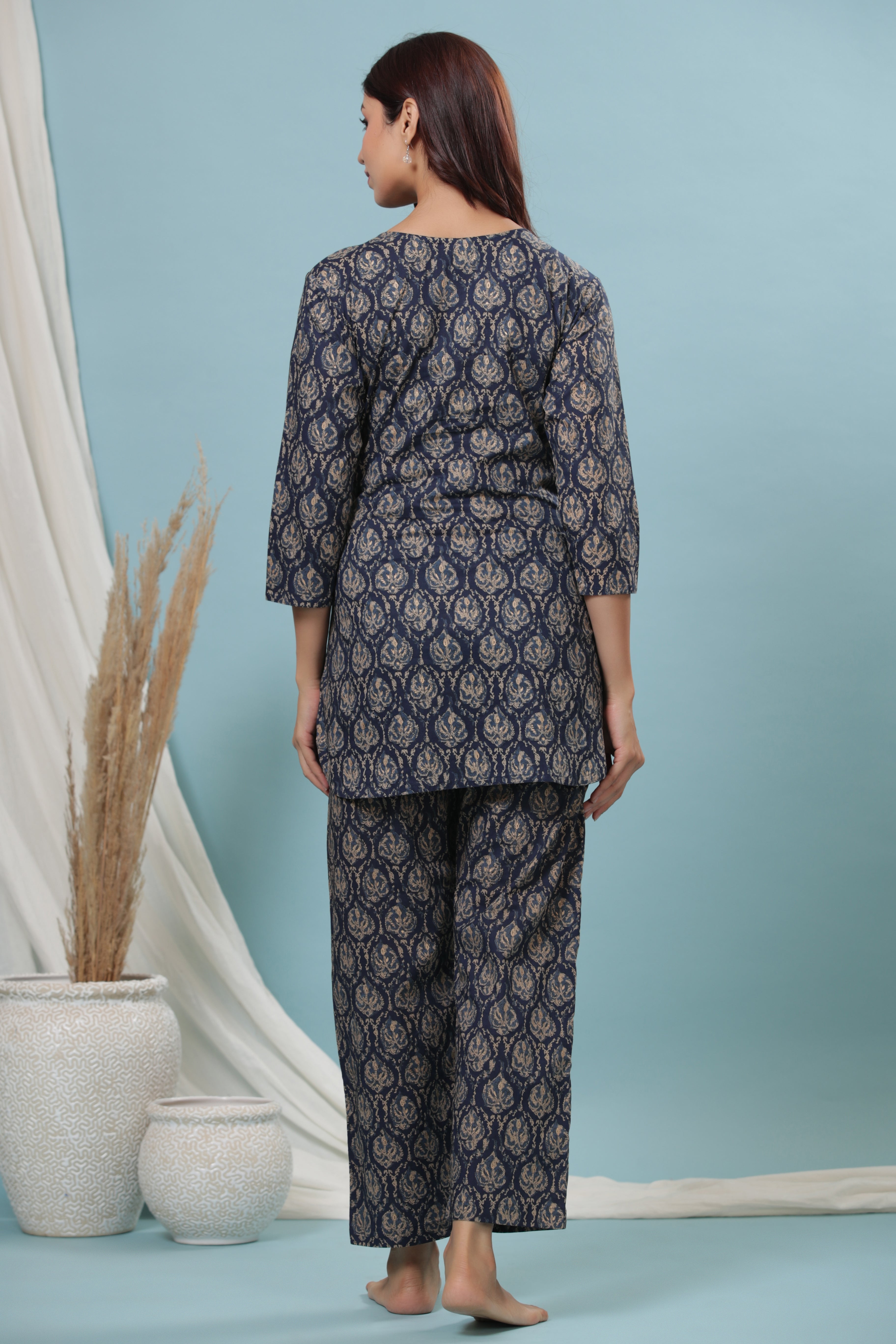 Deep Indigo Gold Motifs Cotton Maternity - Nursing Co-ord Set