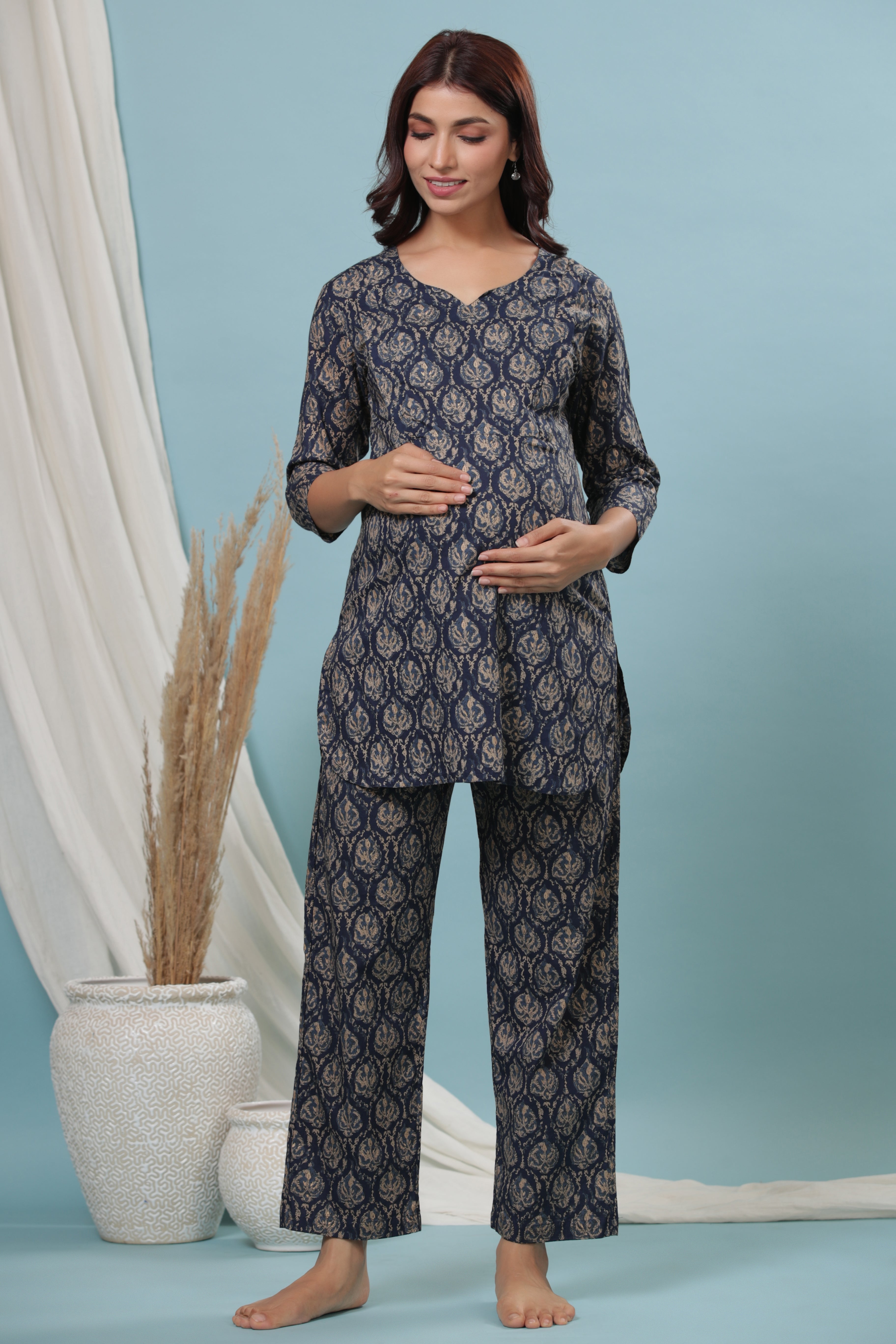 Deep Indigo Gold Motifs Cotton Maternity - Nursing Co-ord Set