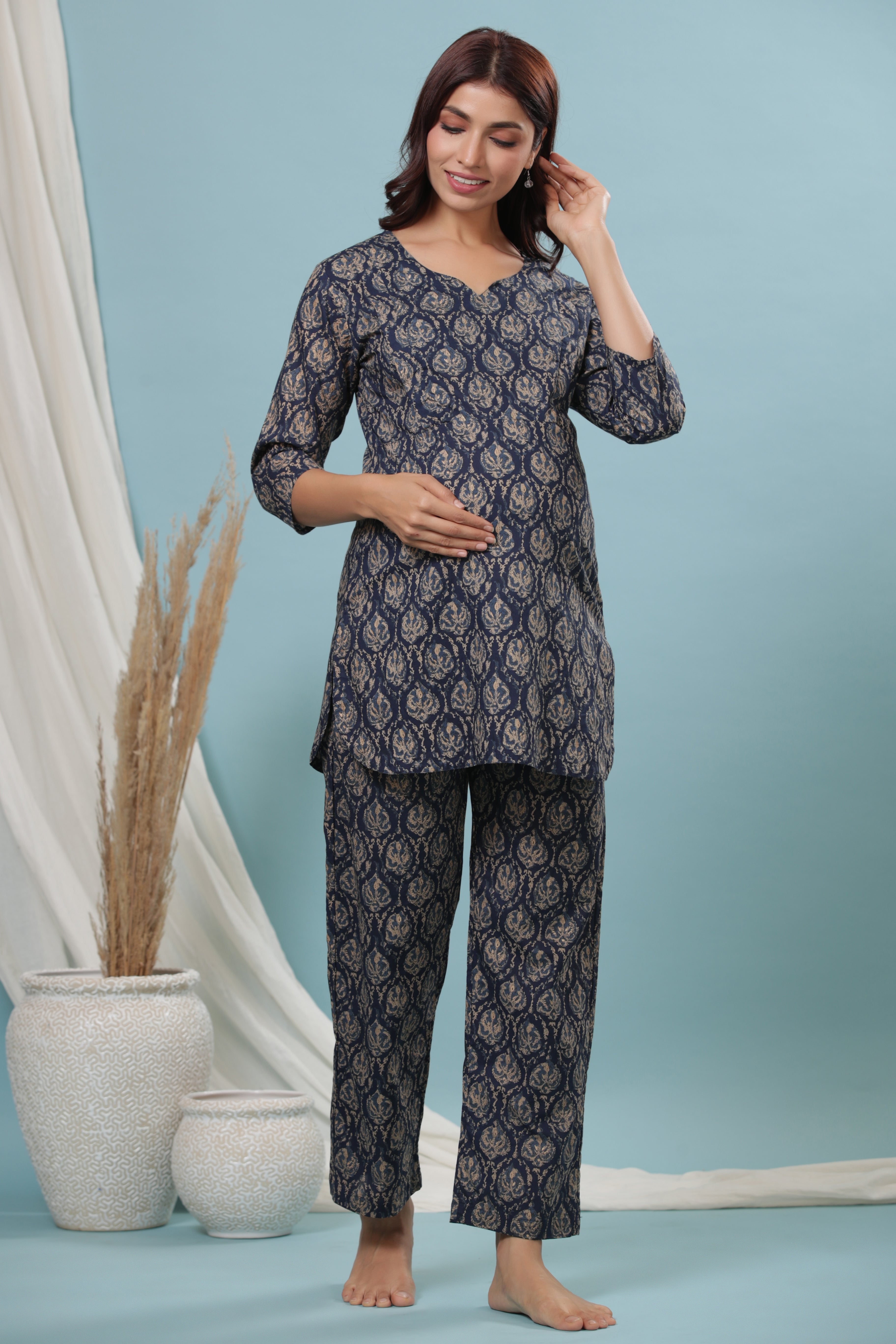 Deep Indigo Gold Motifs Cotton Maternity - Nursing Co-ord Set