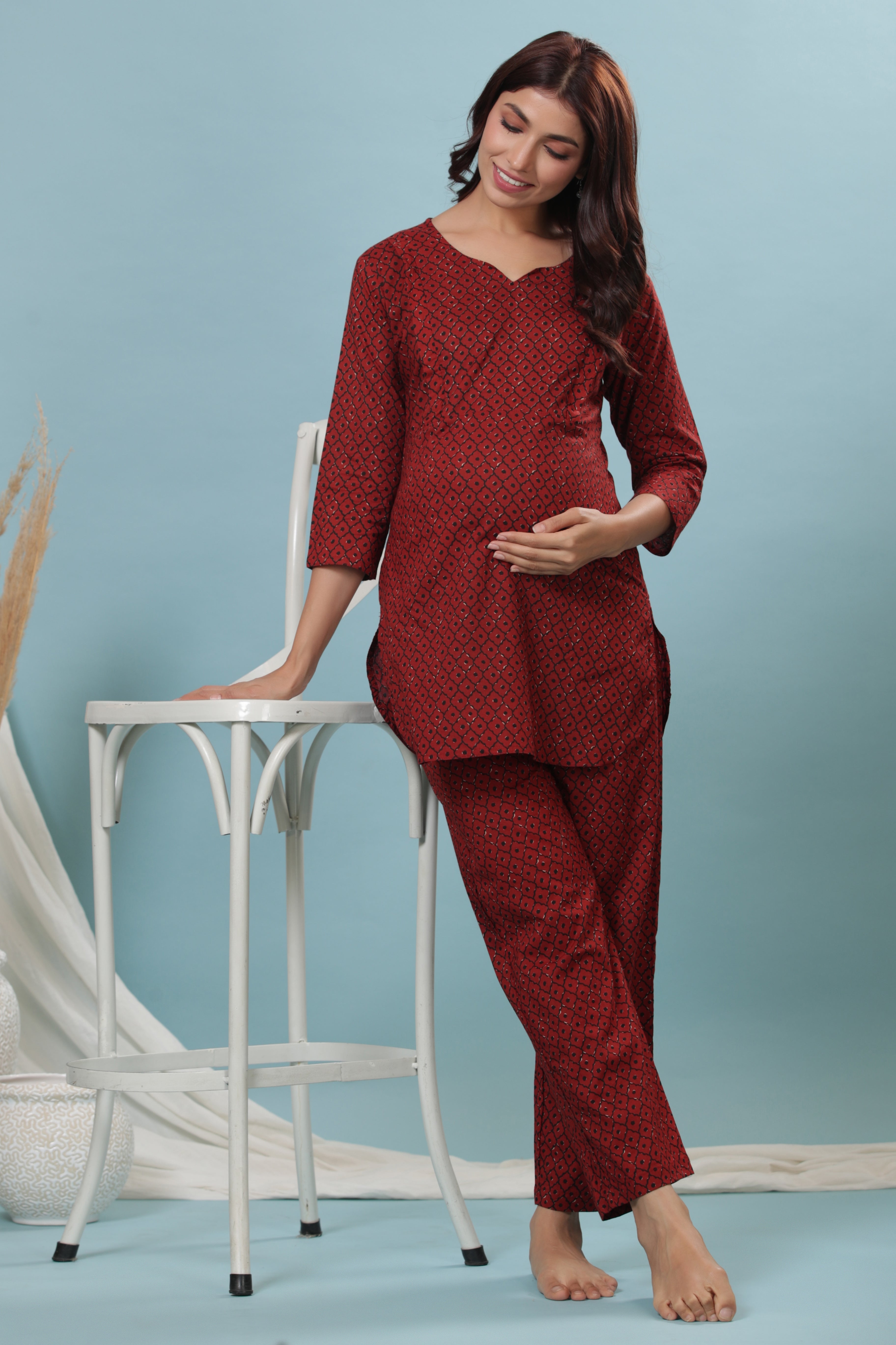 Terracotta Bandhani Cotton Maternity - Nursing Co-ord Set
