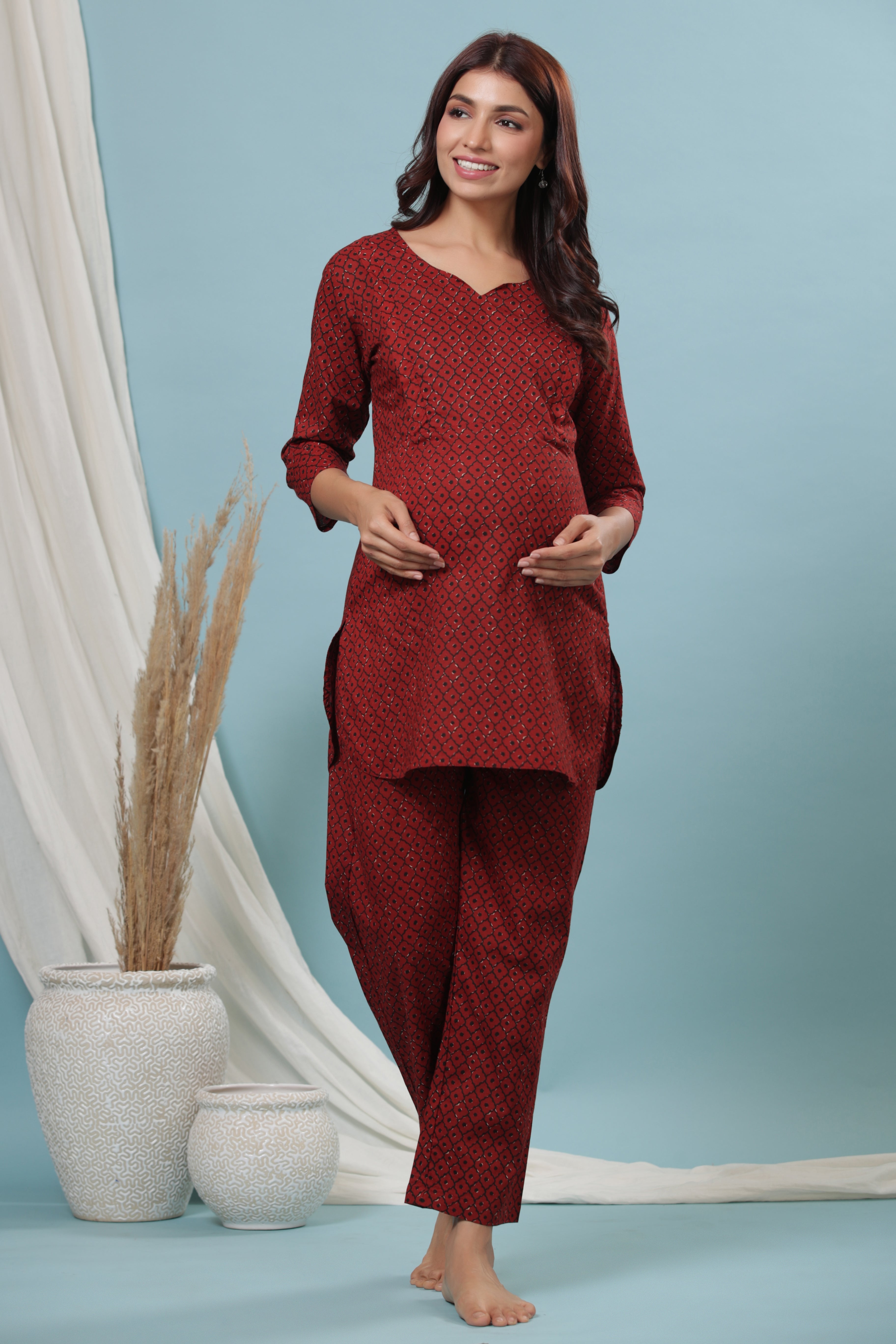 Terracotta Bandhani Cotton Maternity - Nursing Co-ord Set