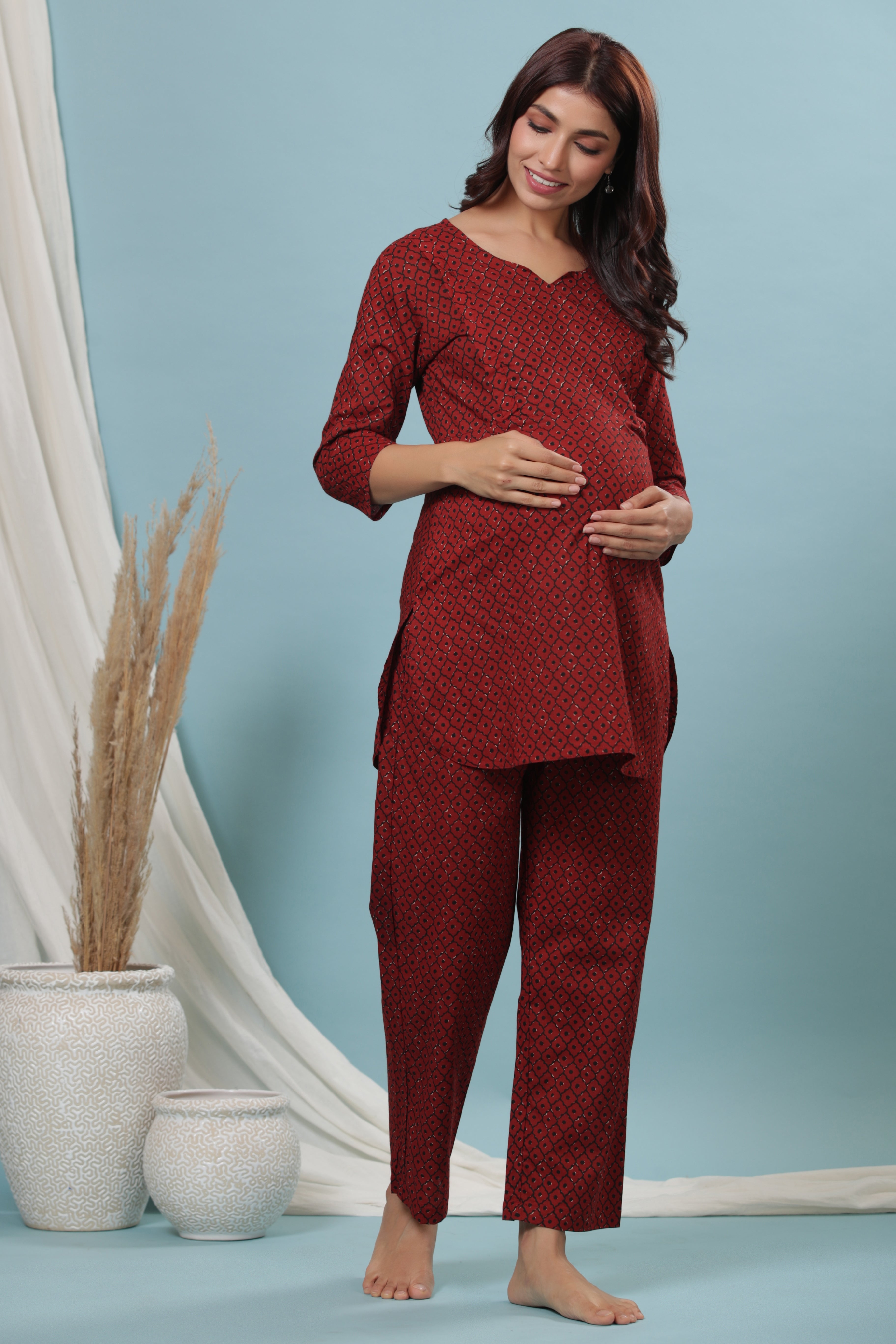 Terracotta Bandhani Cotton Maternity - Nursing Co-ord Set