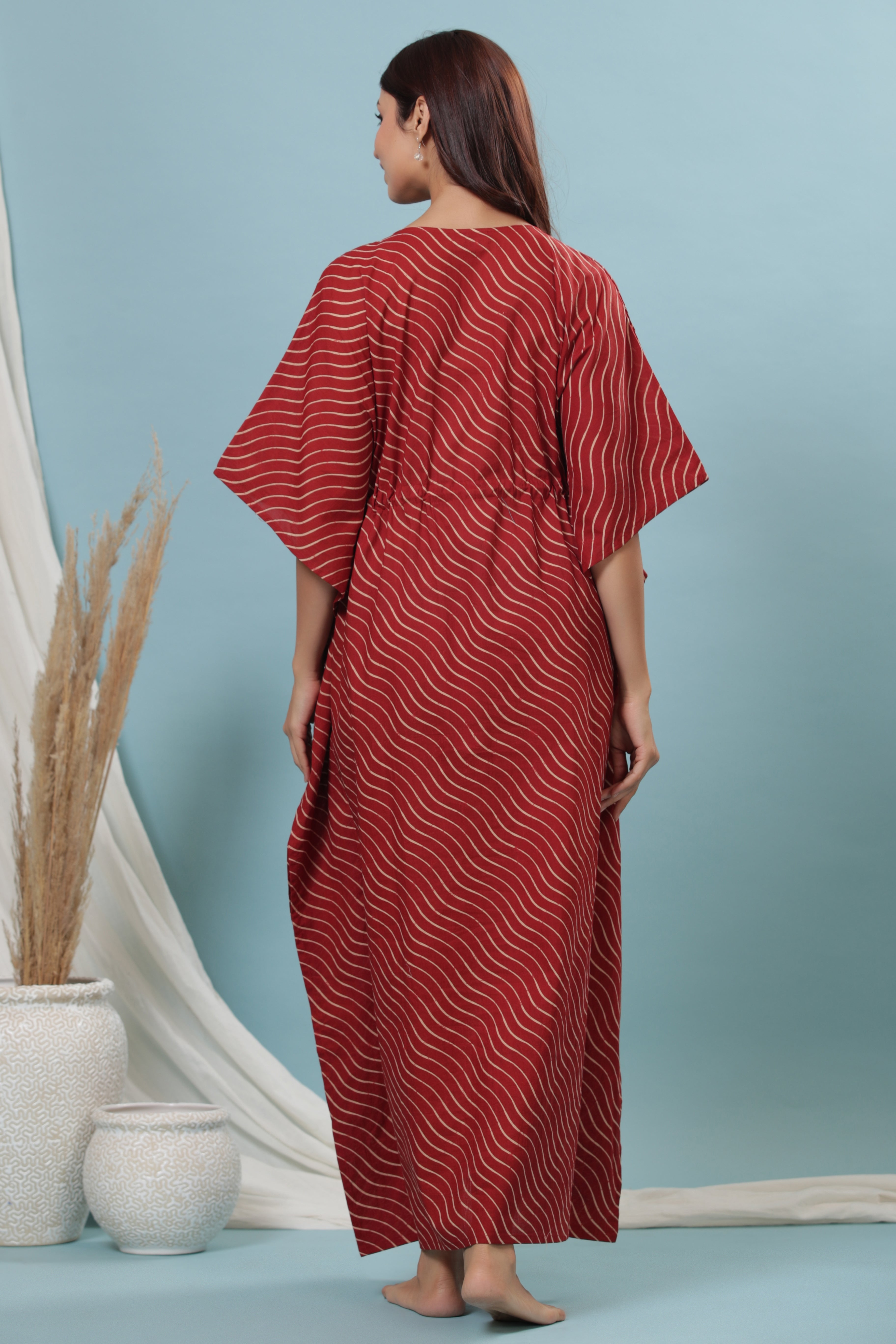 Red Pretty Wave Cotton Maternity - Nursing Kaftan ( One-Size )