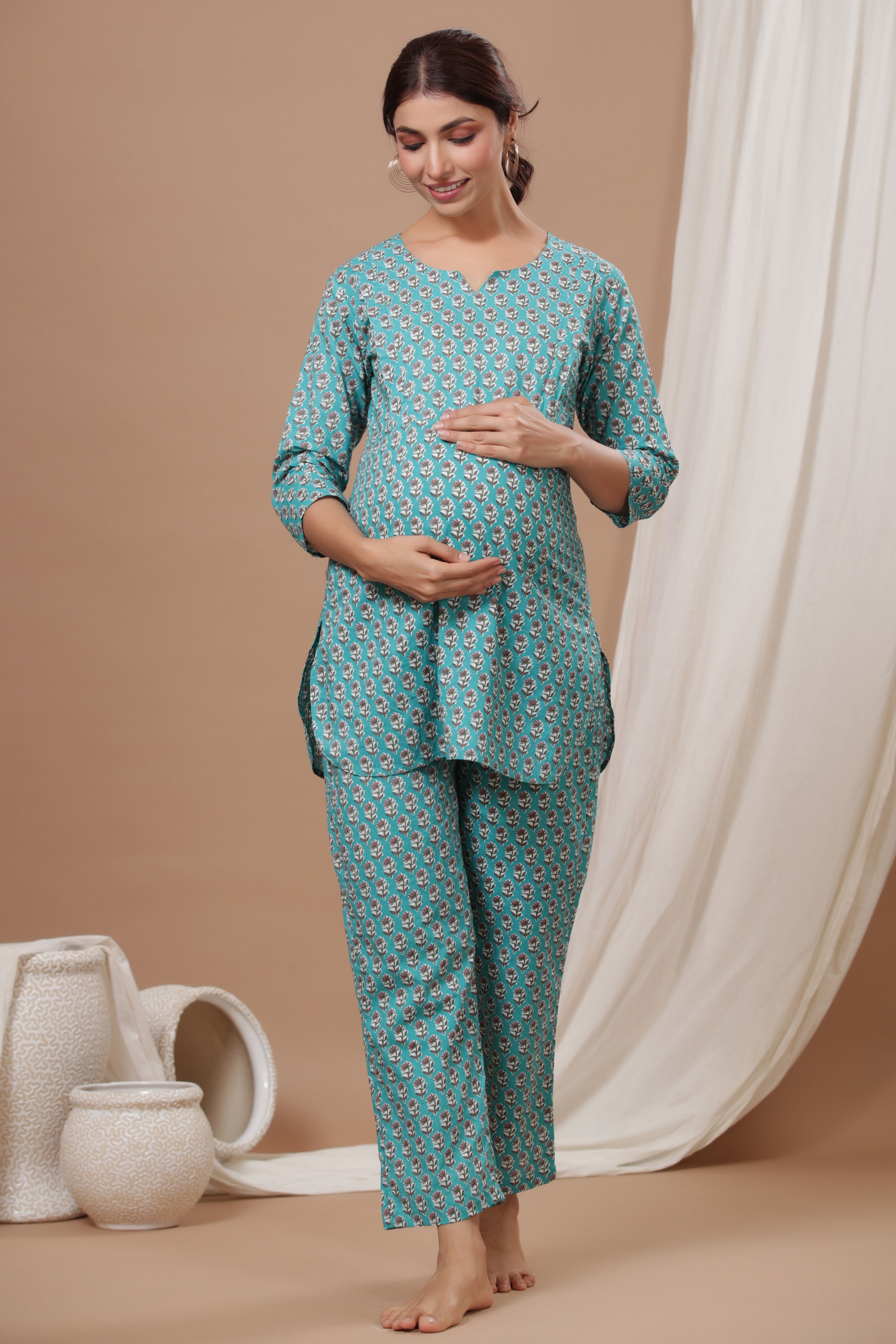 Tempo Teal Cotton Maternity - Nursing Co-ord Set