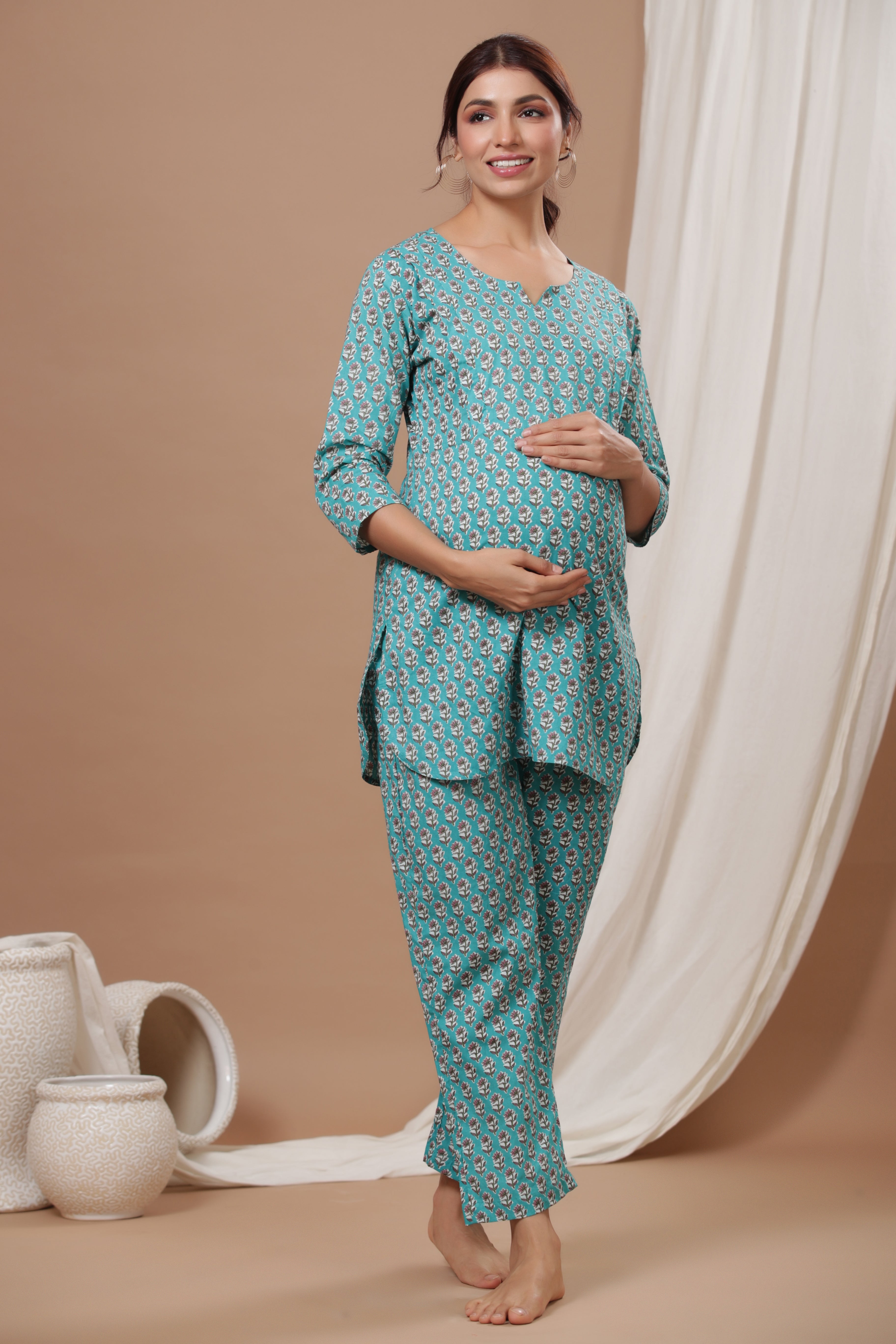 Tempo Teal Cotton Maternity - Nursing Co-ord Set