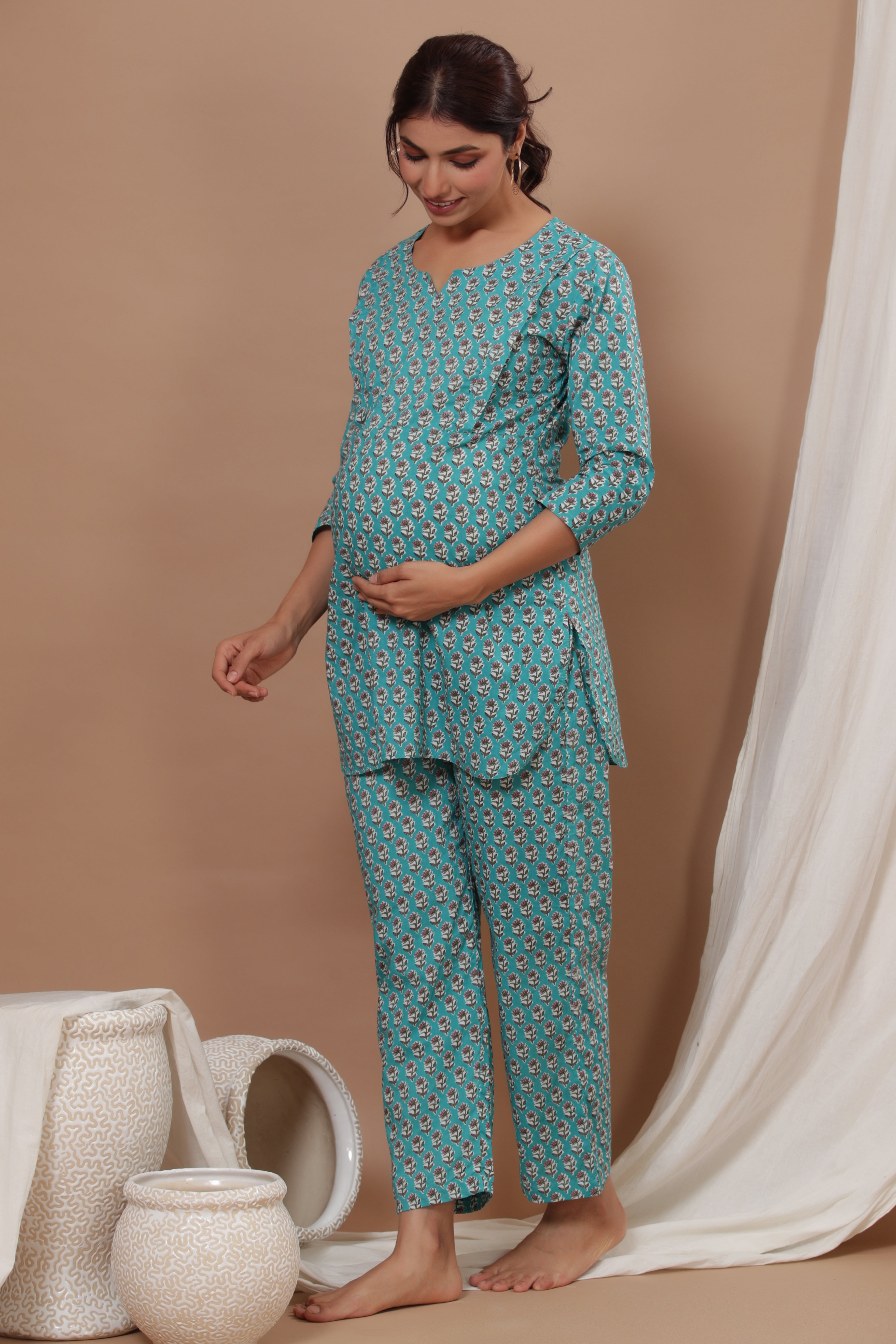 Tempo Teal Cotton Maternity - Nursing Co-ord Set