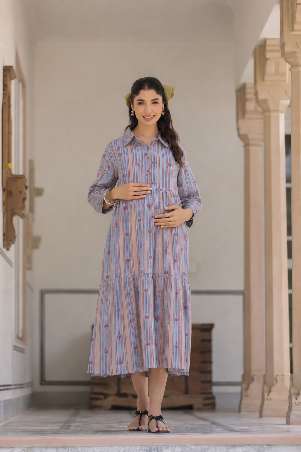 Azure Ajrakh Lines Cotton Maternity - Nursing Dress
