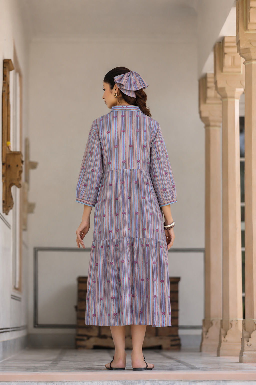 Azure Ajrakh Lines Cotton Maternity - Nursing Dress