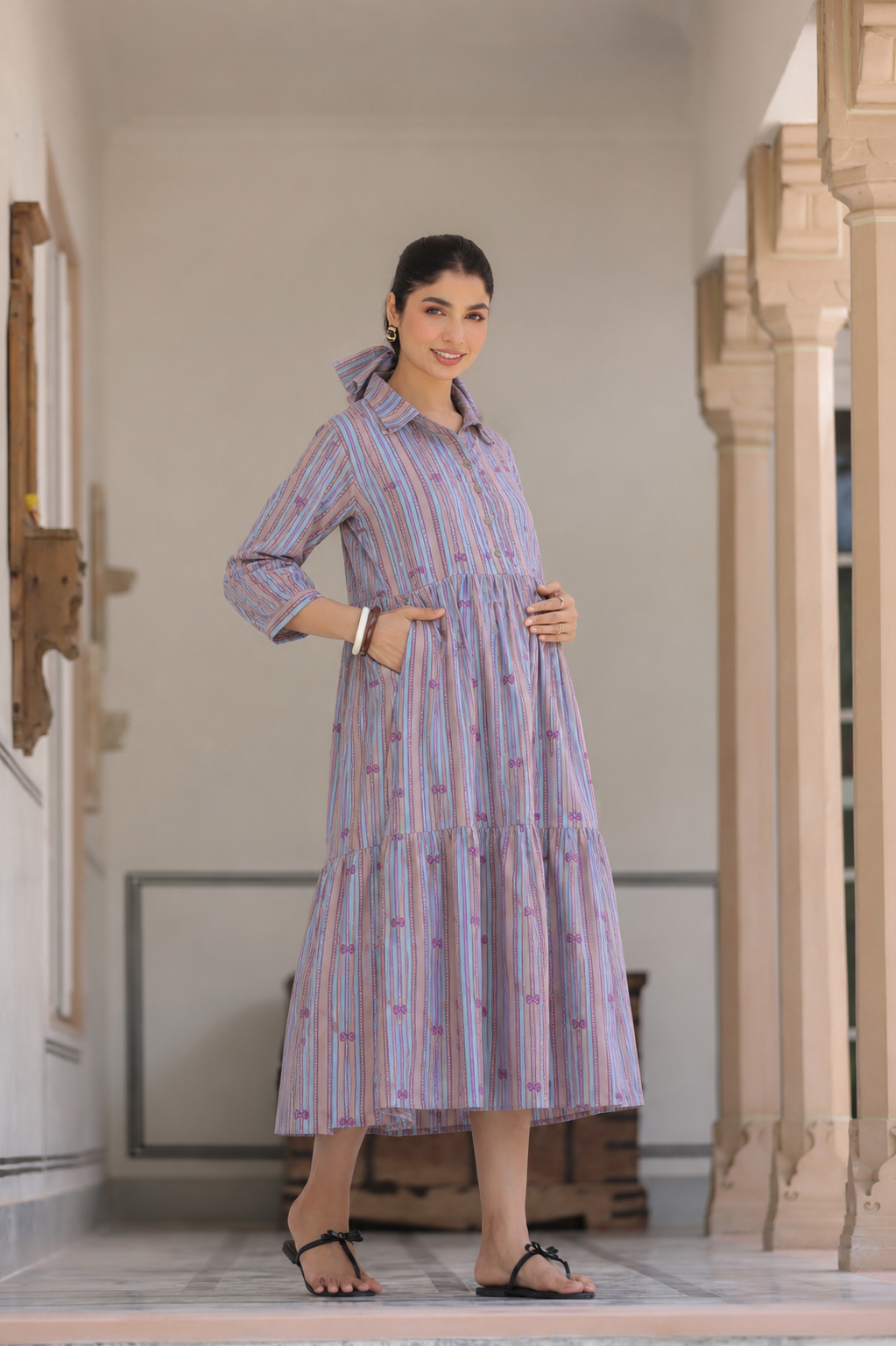 Azure Ajrakh Lines Cotton Maternity - Nursing Dress