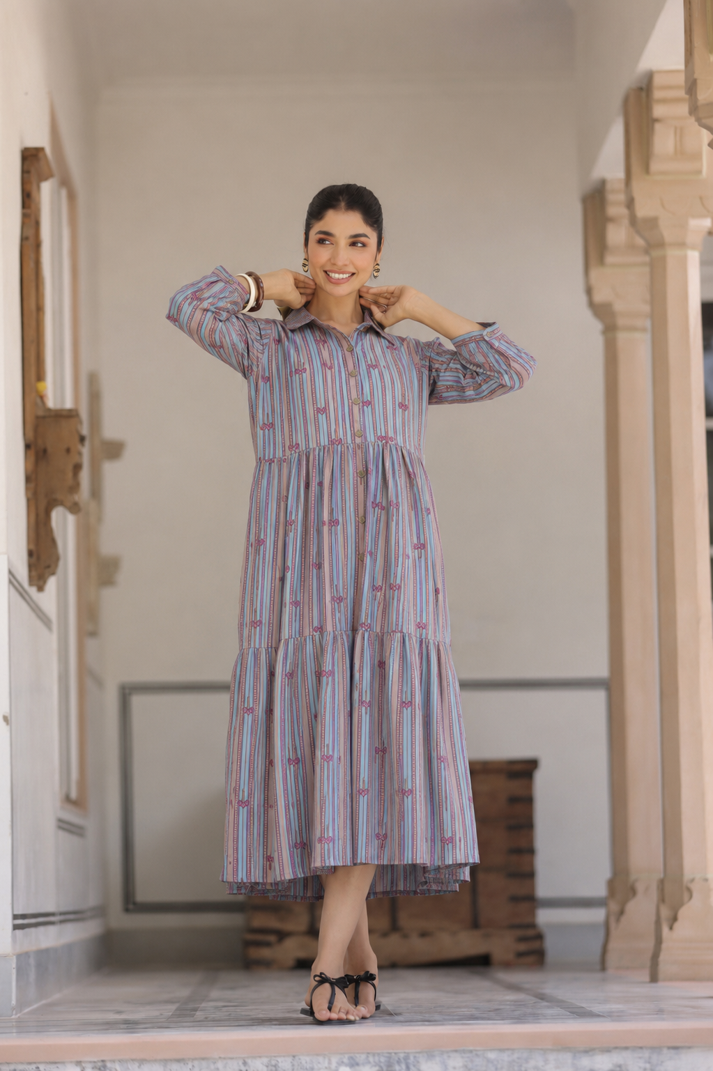 Azure Ajrakh Lines Cotton Maternity - Nursing Dress