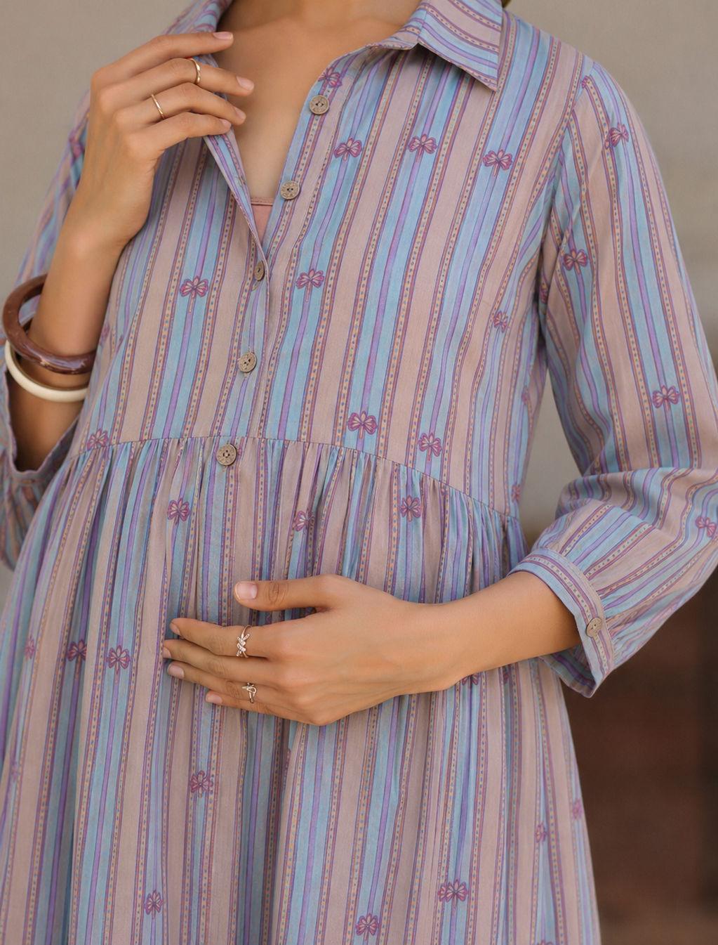 Azure Ajrakh Lines Cotton Maternity - Nursing Dress