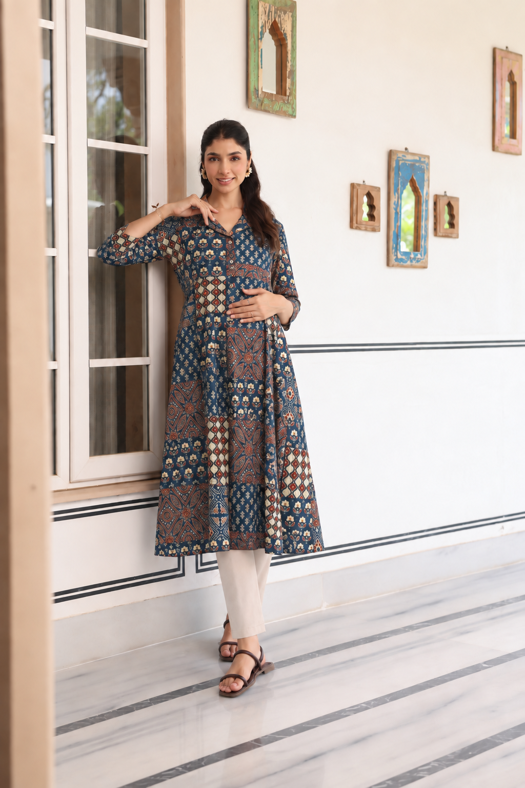 Indigo Patchwork Cotton Maternity - Nursing Kurti