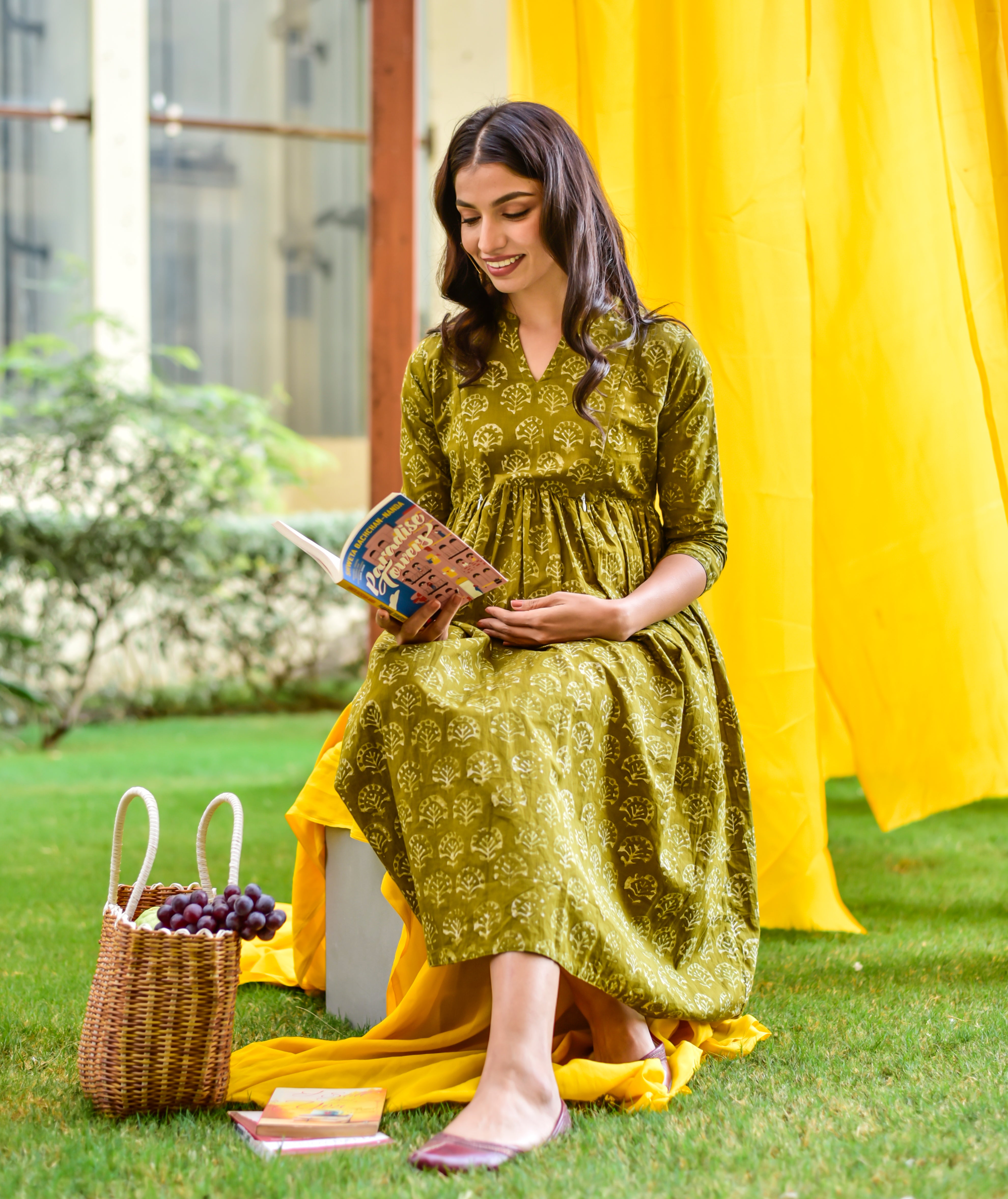 Olive Green Booti Cotton Maternity - Nursing Dress