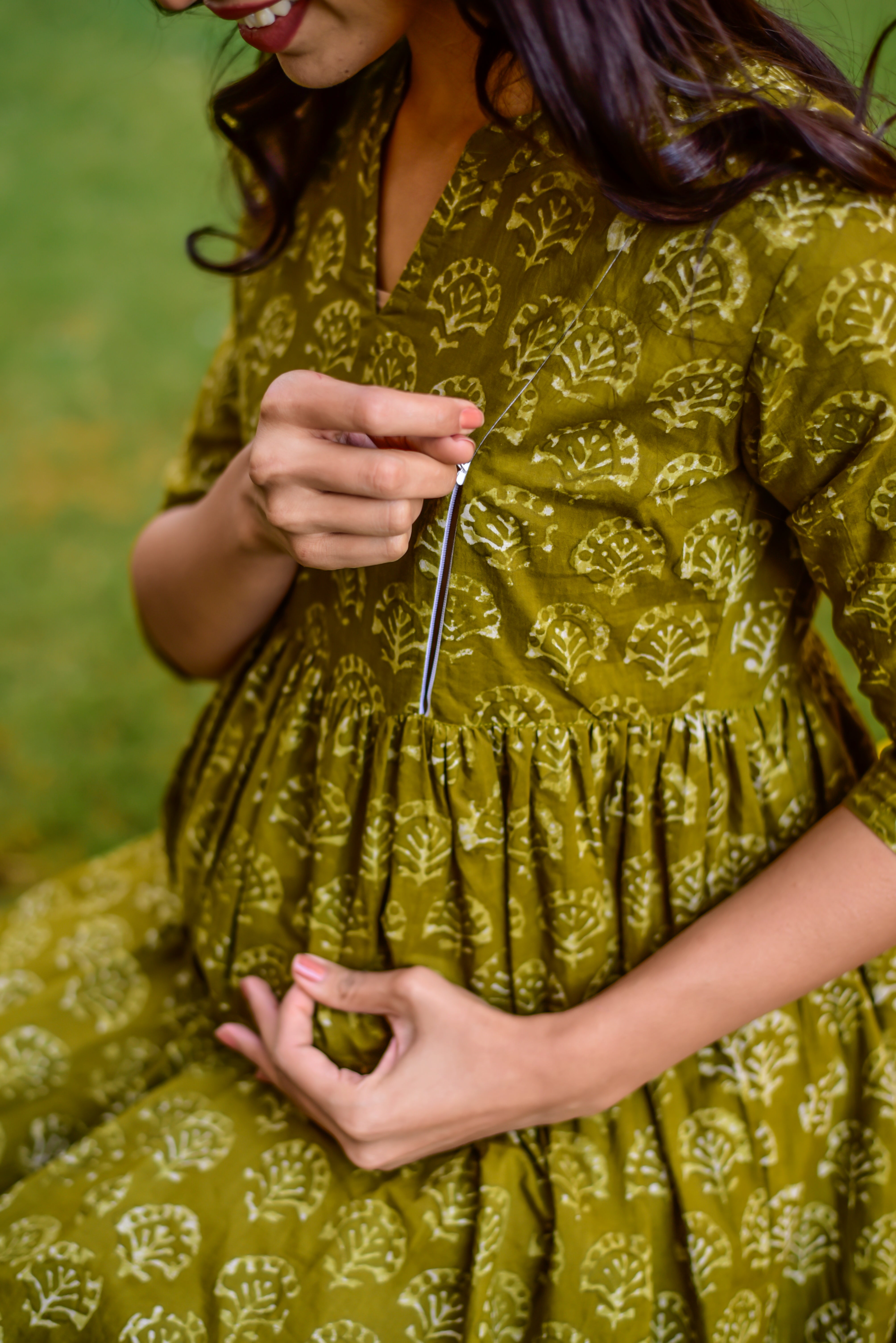 Olive Green Booti Cotton Maternity - Nursing Dress