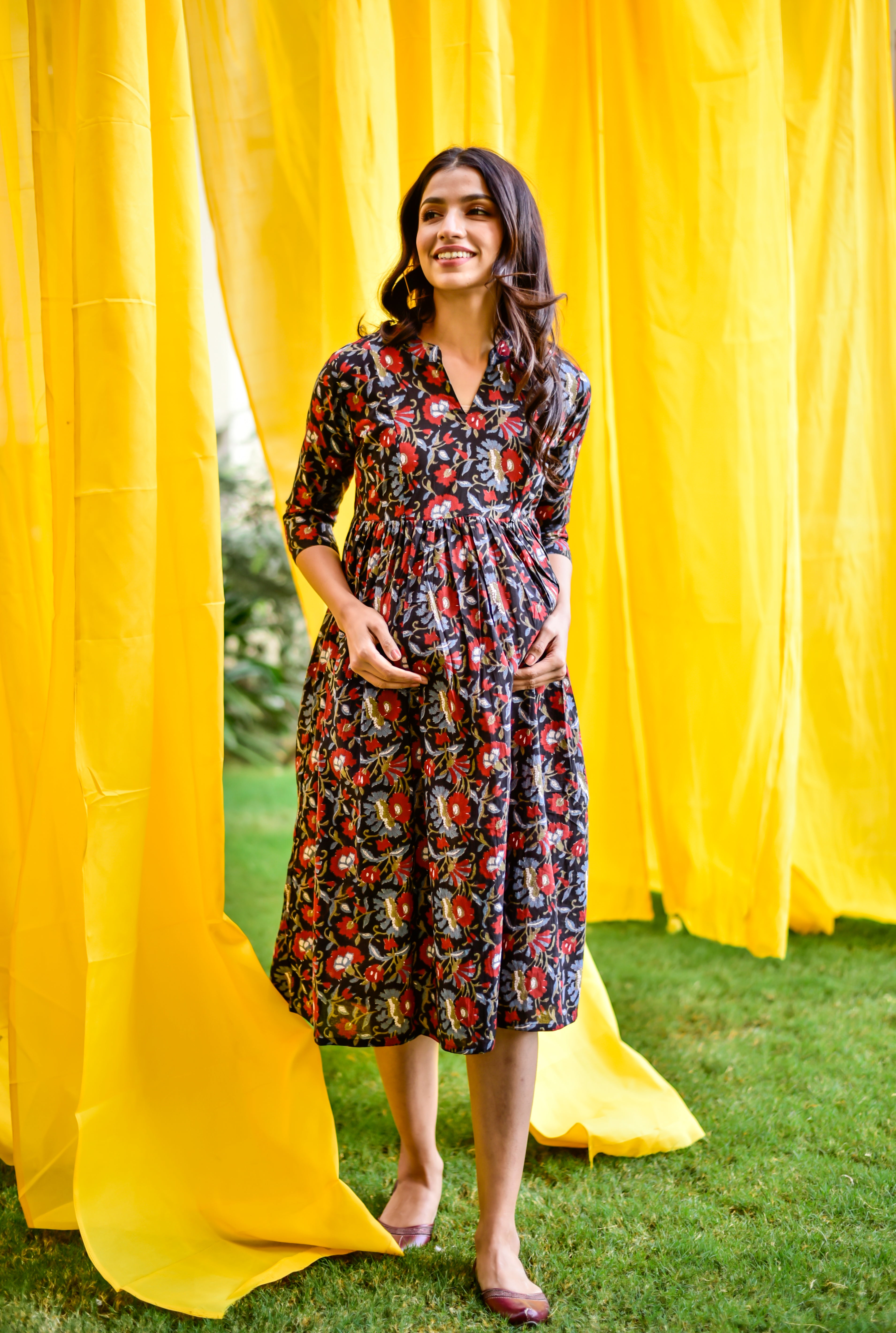 Midnight Floral Cotton Maternity - Nursing Dress