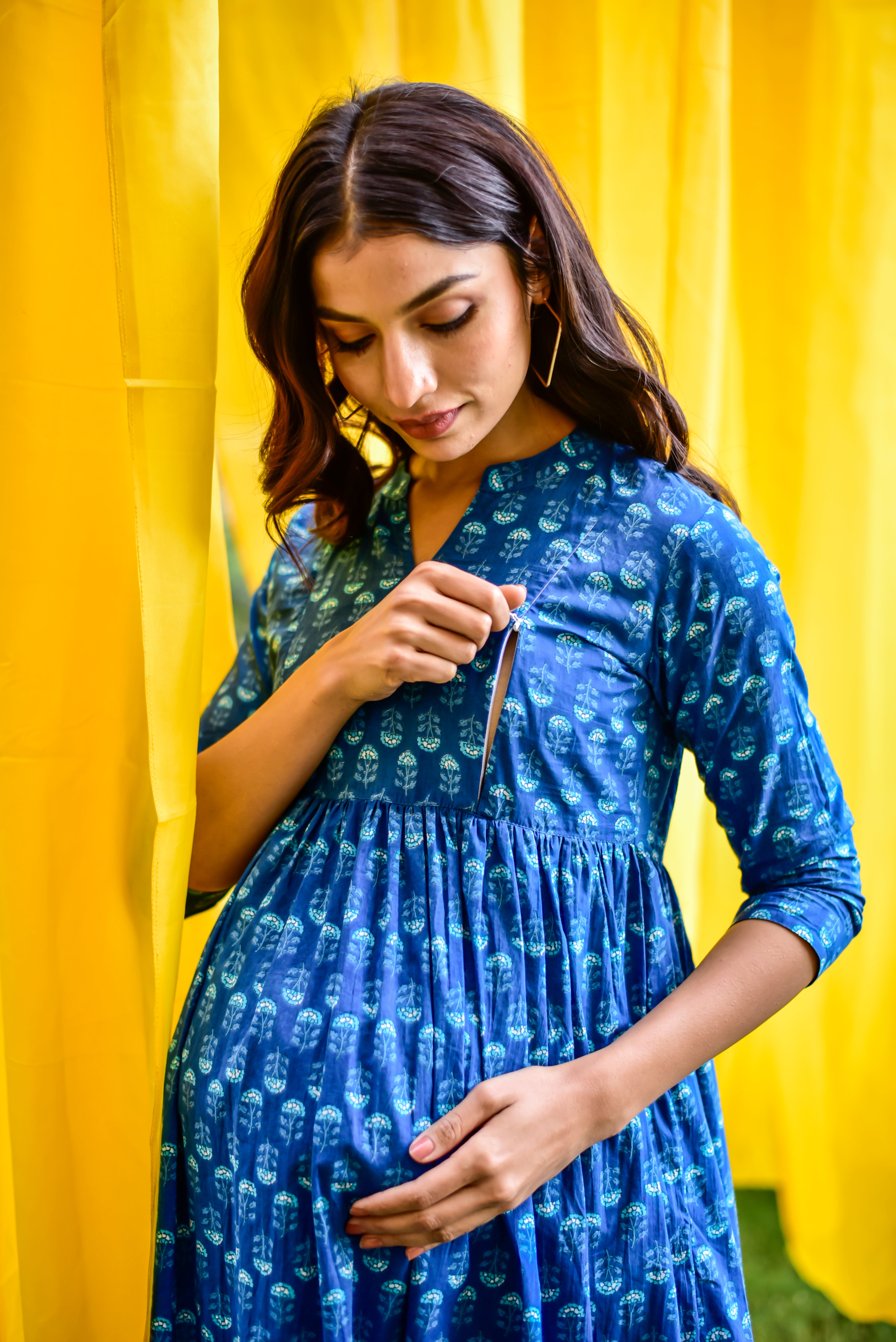 Sapphire Blue Cotton Maternity - Nursing Dress