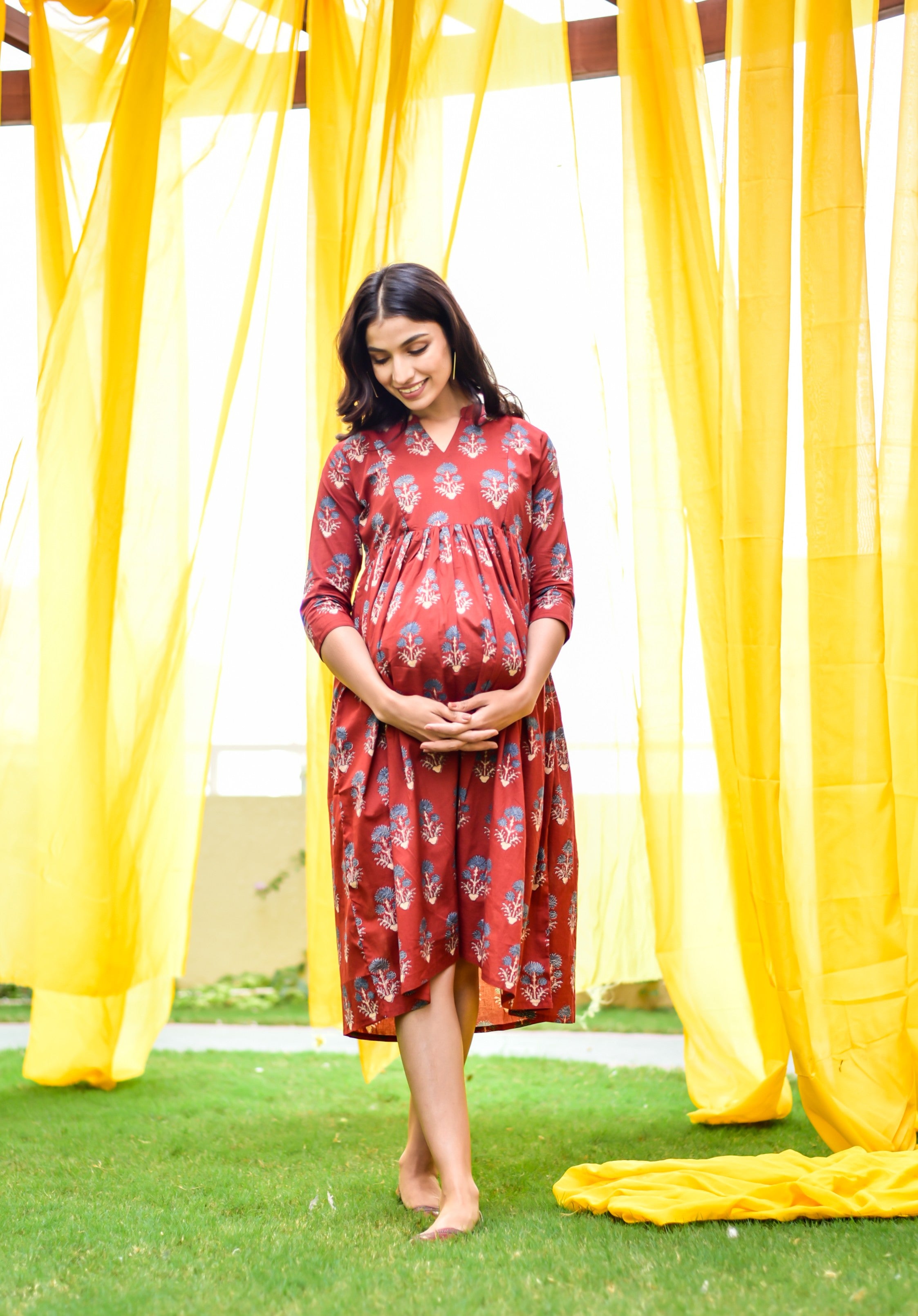 Burnt Maroon Boota Cotton Maternity - Nursing Dress