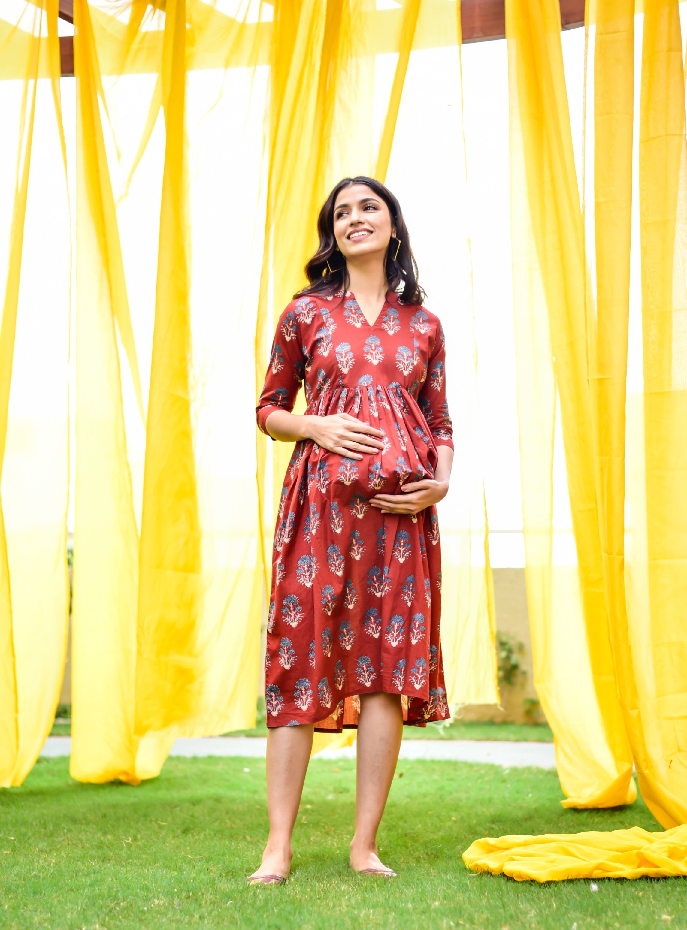 Burnt Maroon Boota Cotton Maternity - Nursing Dress