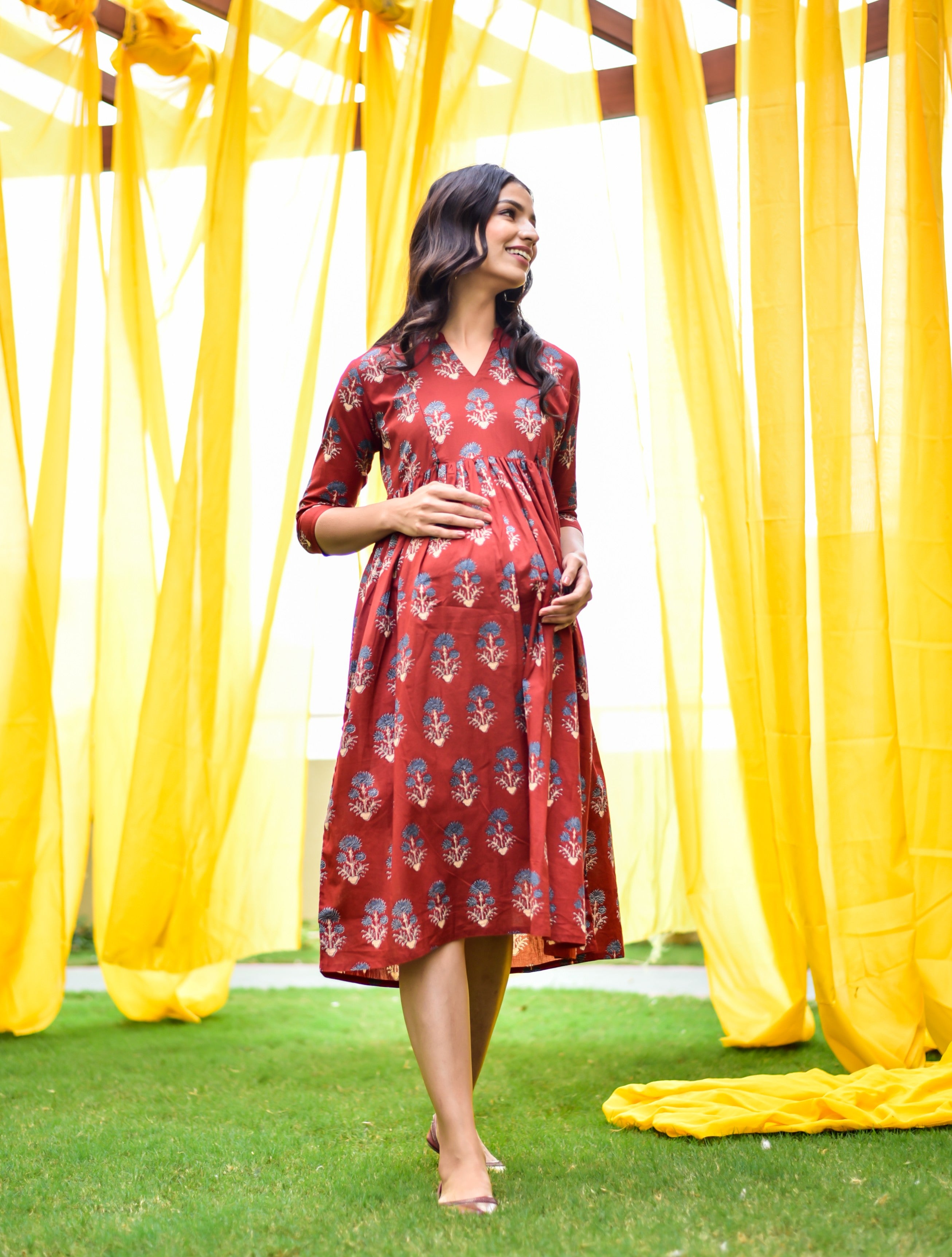 Burnt Maroon Boota Cotton Maternity - Nursing Dress