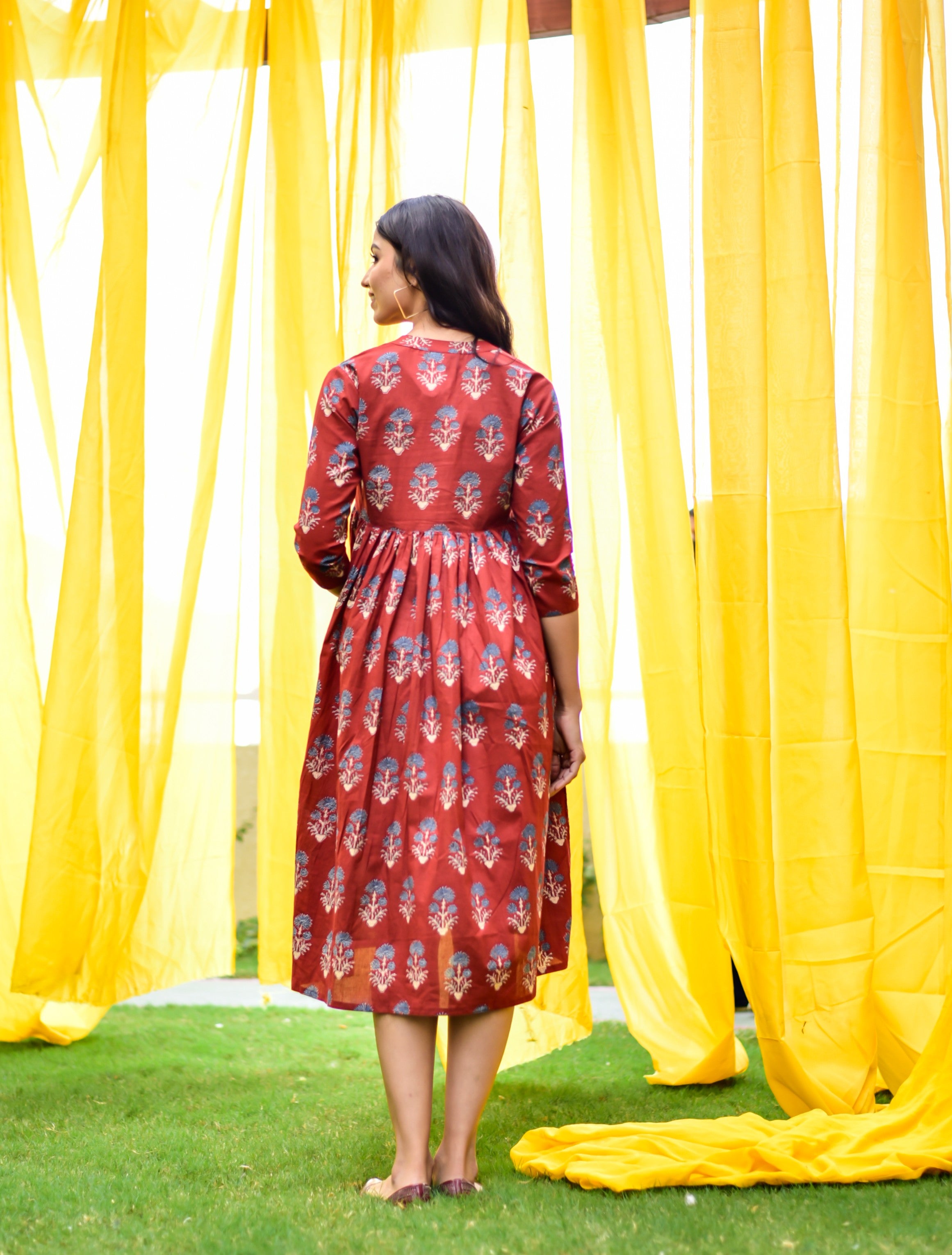 Burnt Maroon Boota Cotton Maternity - Nursing Dress