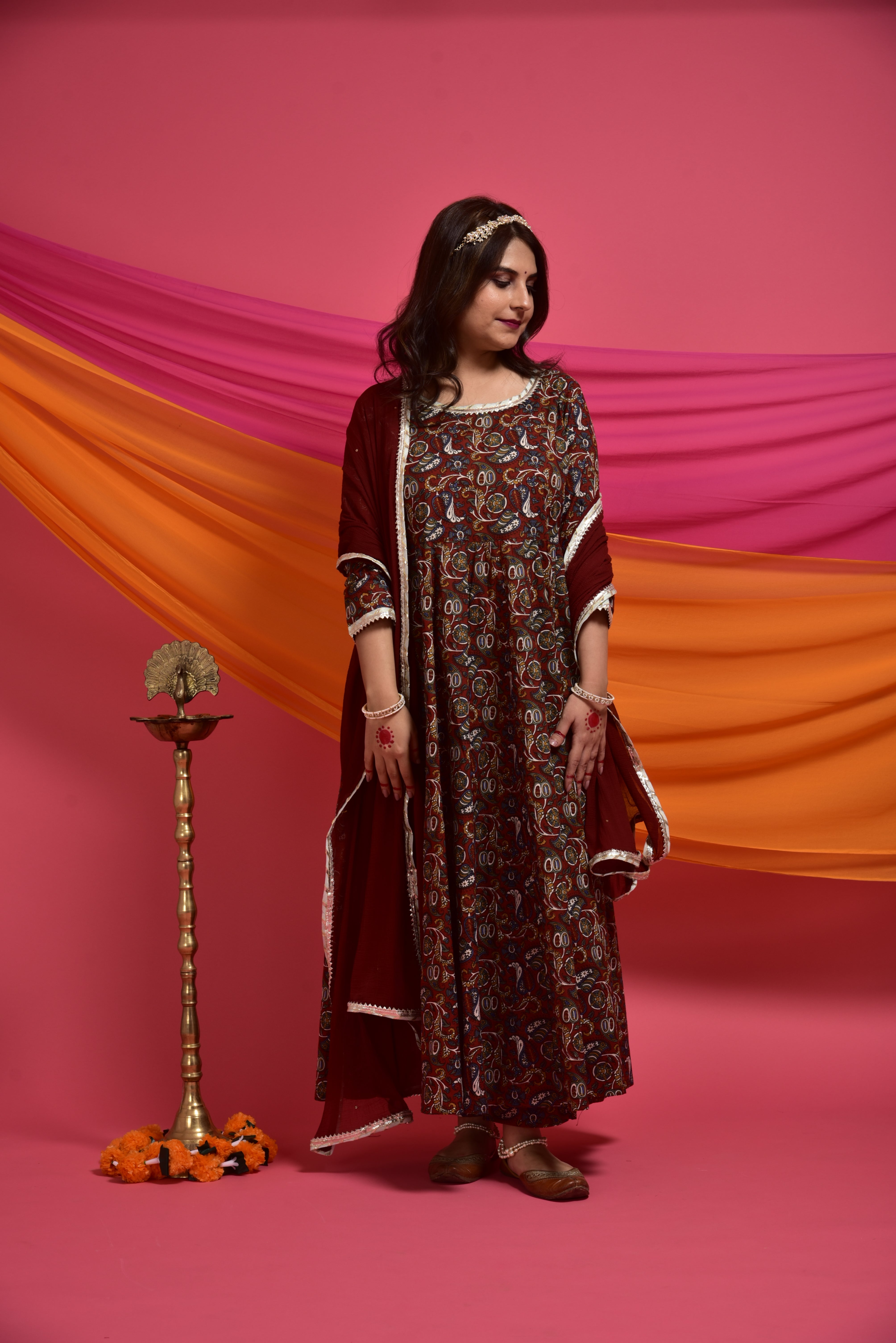 Burnt maroon kalamkari cotton anarkaliI suit