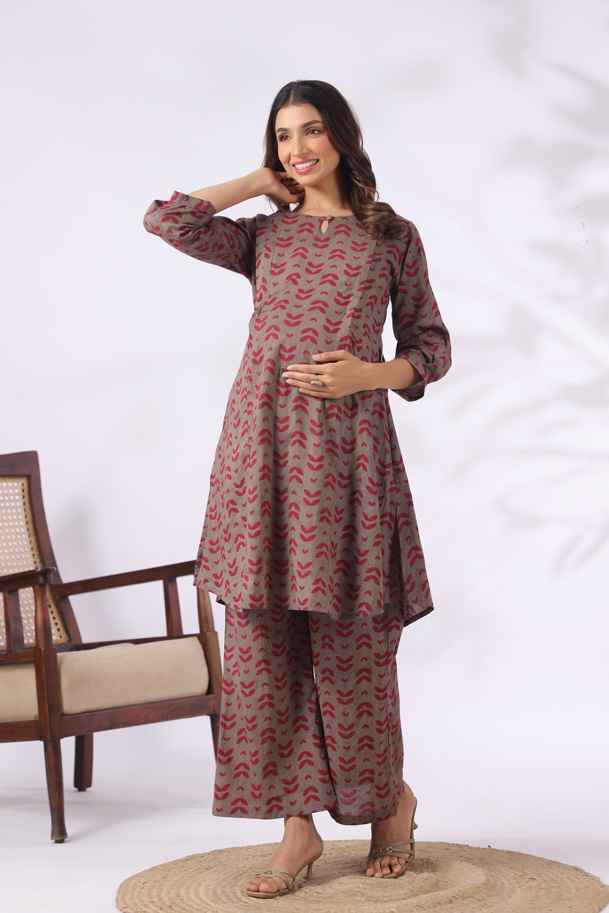 Grey Berry Leaves Cotton Maternity - Nursing Co-ord Set