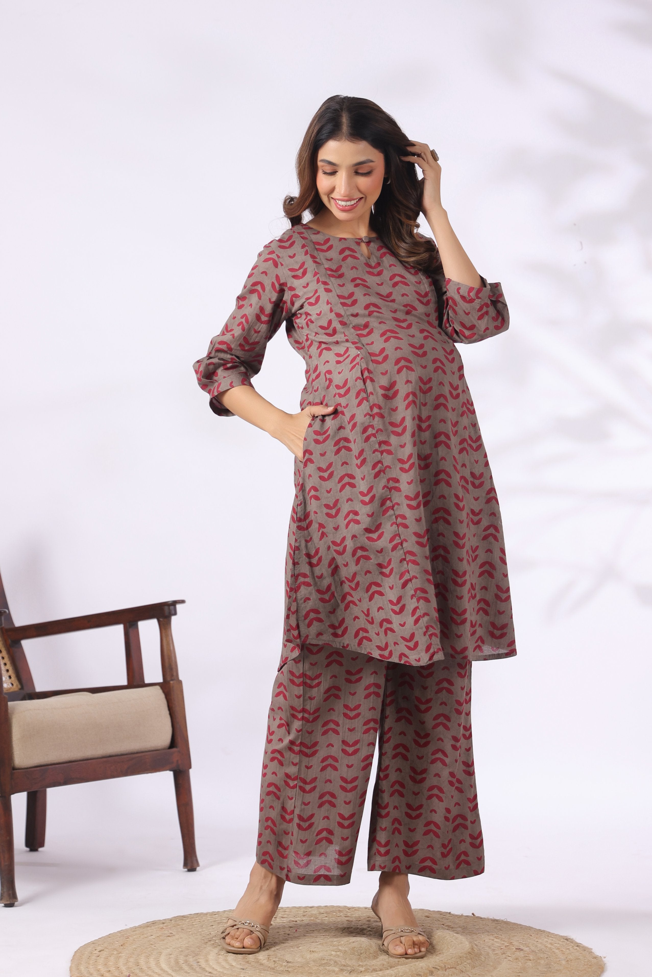 Grey Berry Leaves Cotton Maternity - Nursing Co-ord Set