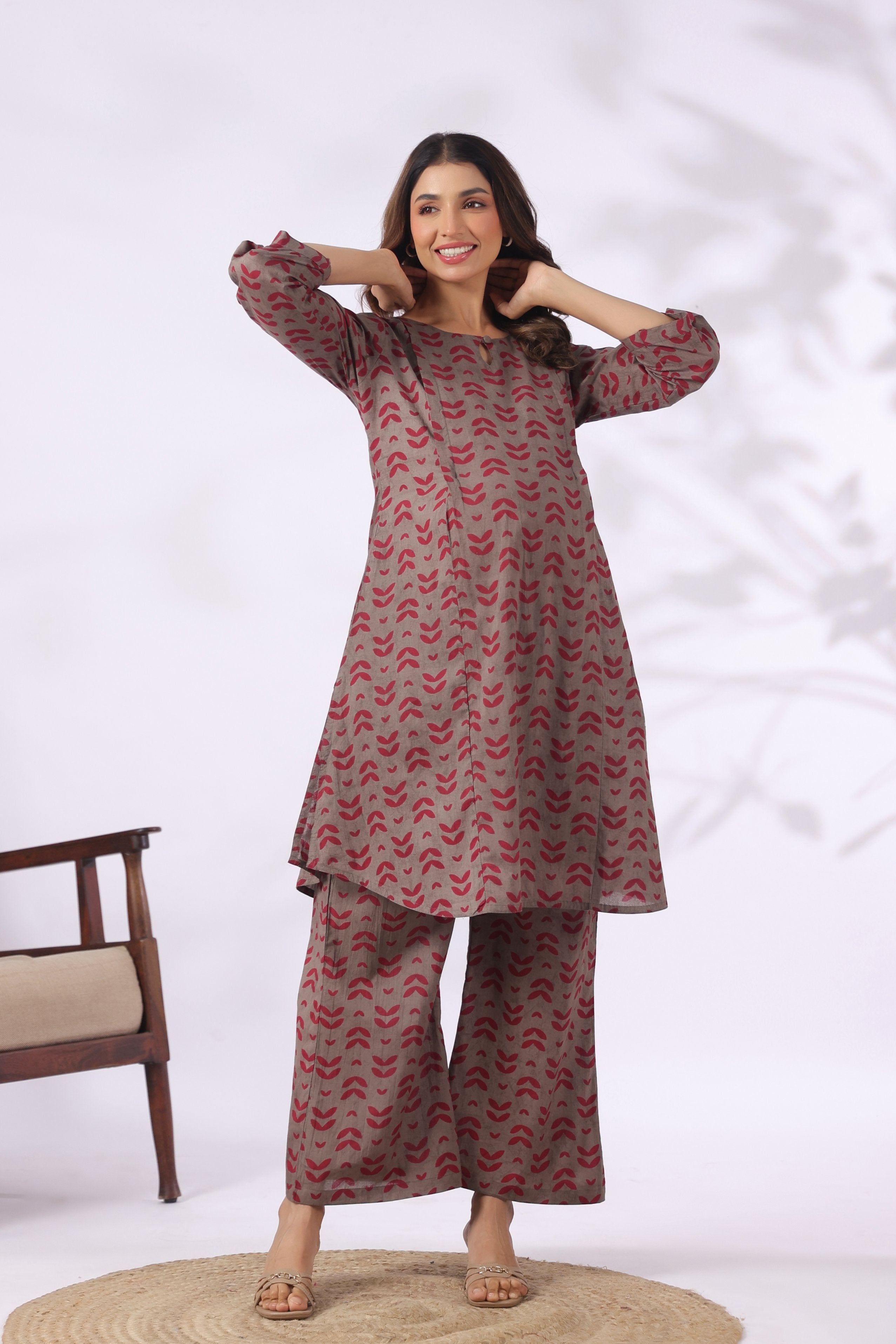 Grey Berry Leaves Cotton Maternity - Nursing Co-ord Set