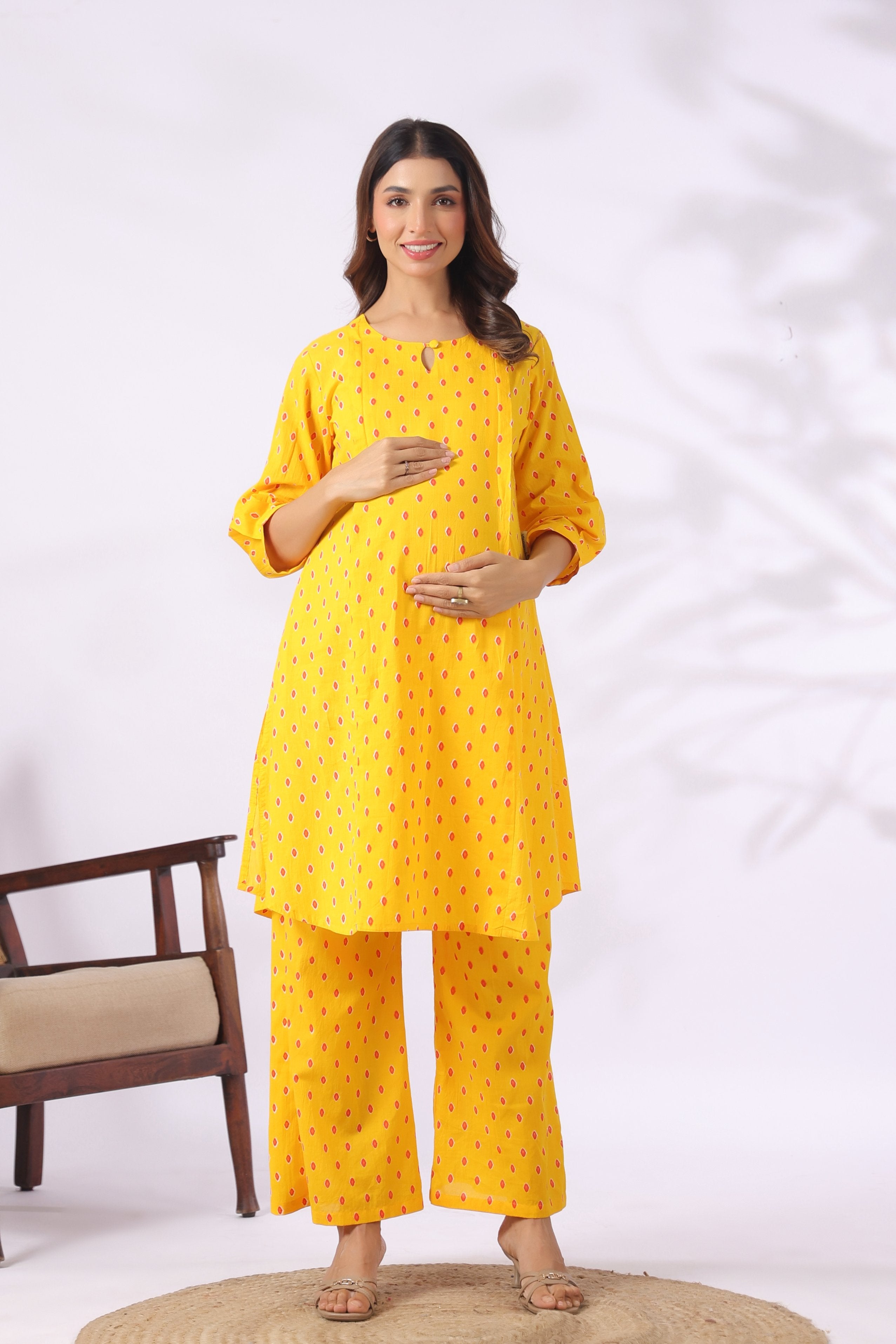 Marigold Bandhej Cotton Maternity - Nursing Co-ord Set