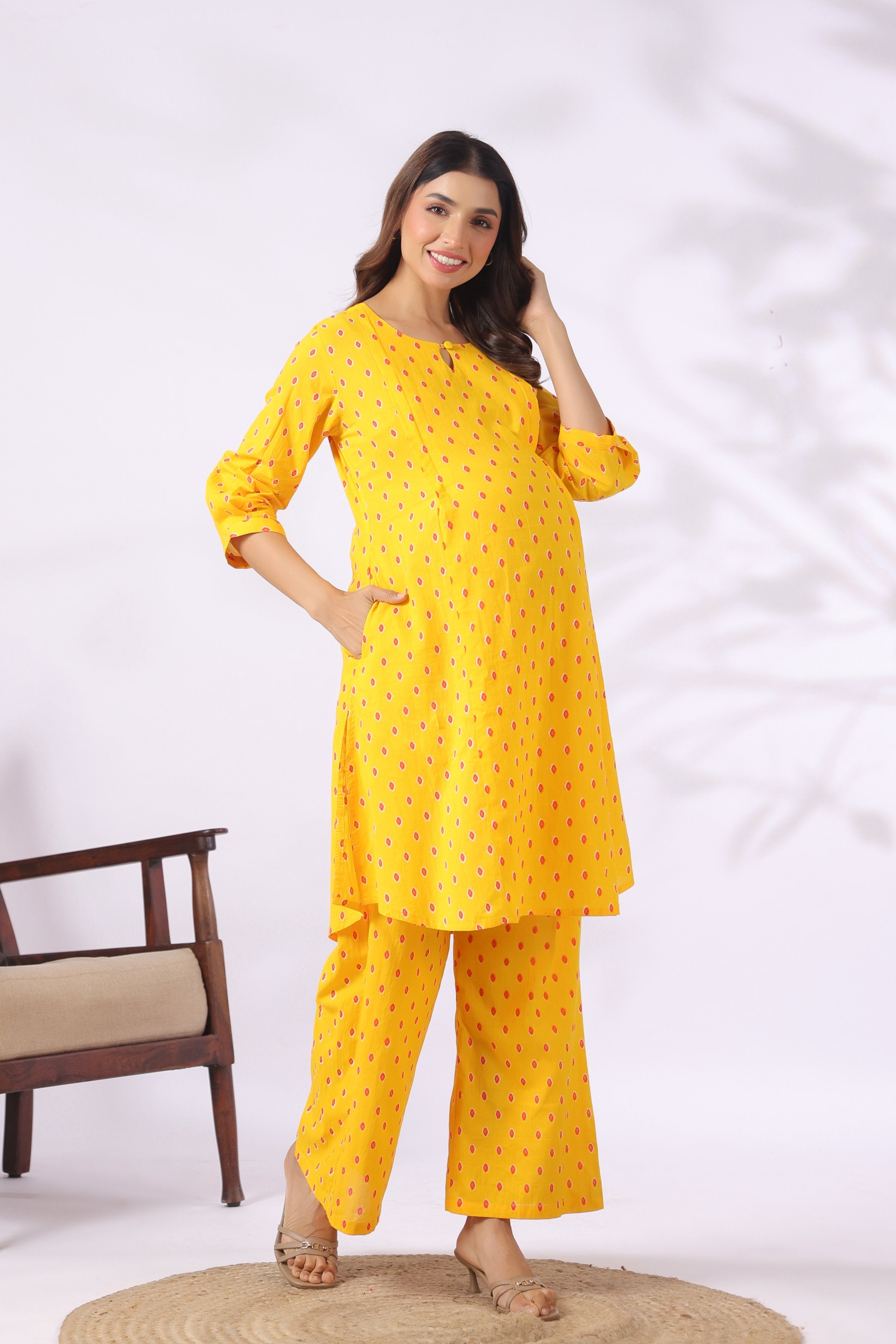 Marigold Bandhej Cotton Maternity - Nursing Co-ord Set