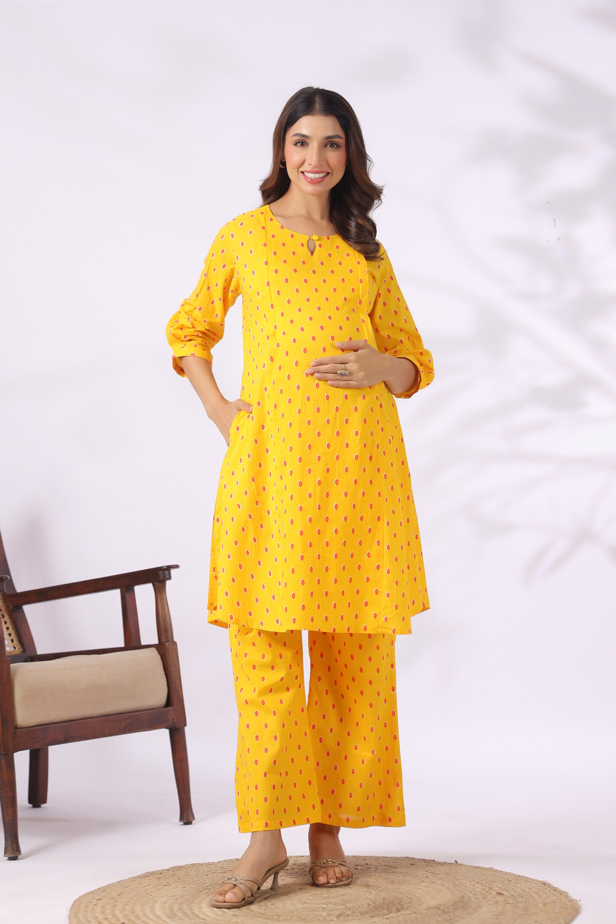 Marigold Bandhej Cotton Maternity - Nursing Co-ord Set