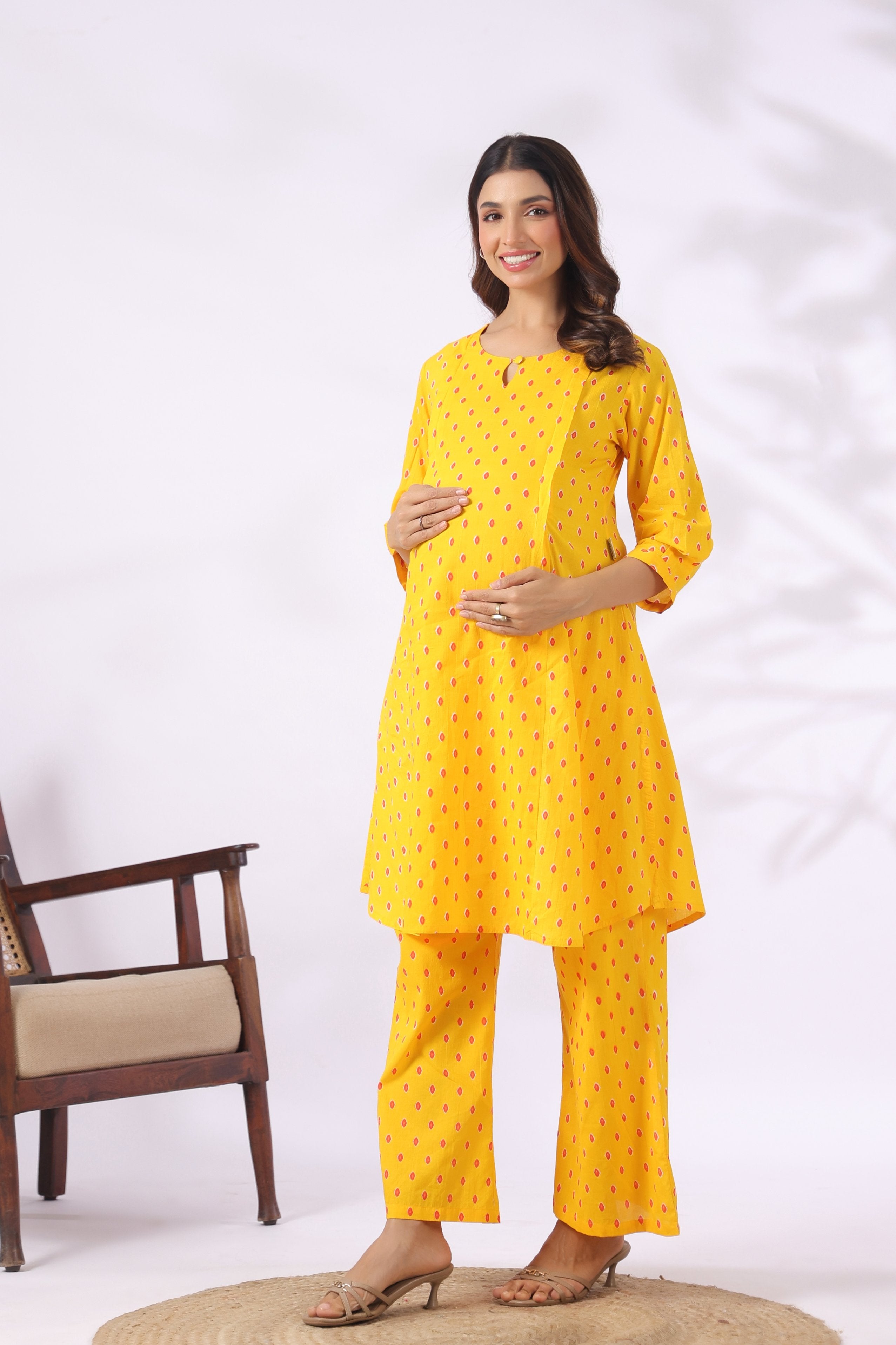 Marigold Bandhej Cotton Maternity - Nursing Co-ord Set