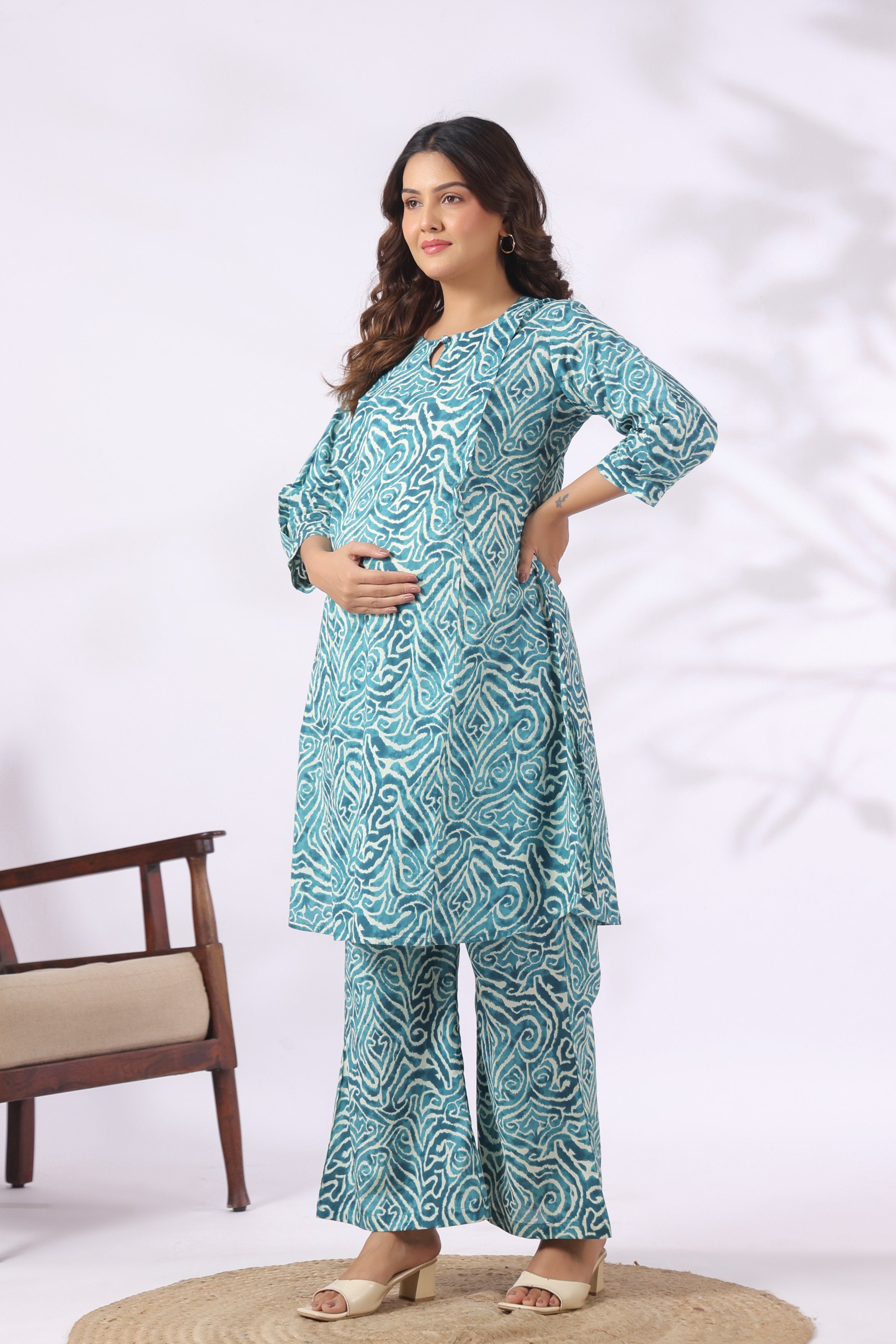 Teal Ocean Swirl Cotton Maternity - Nursing Co-ord Set
