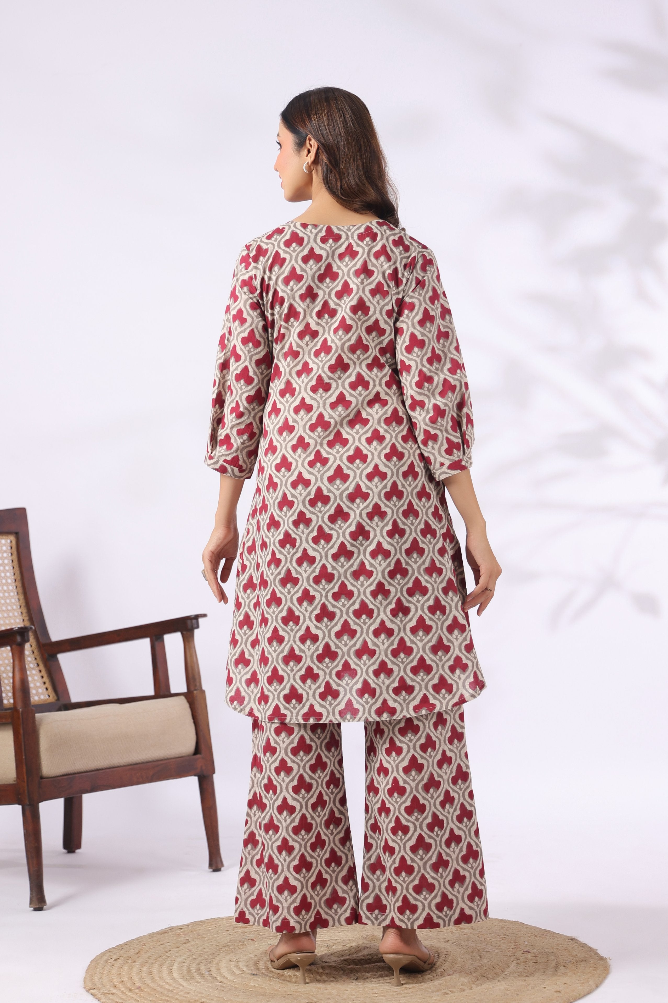 Wine Lattice Cotton Maternity - Nursing Co-ord Set