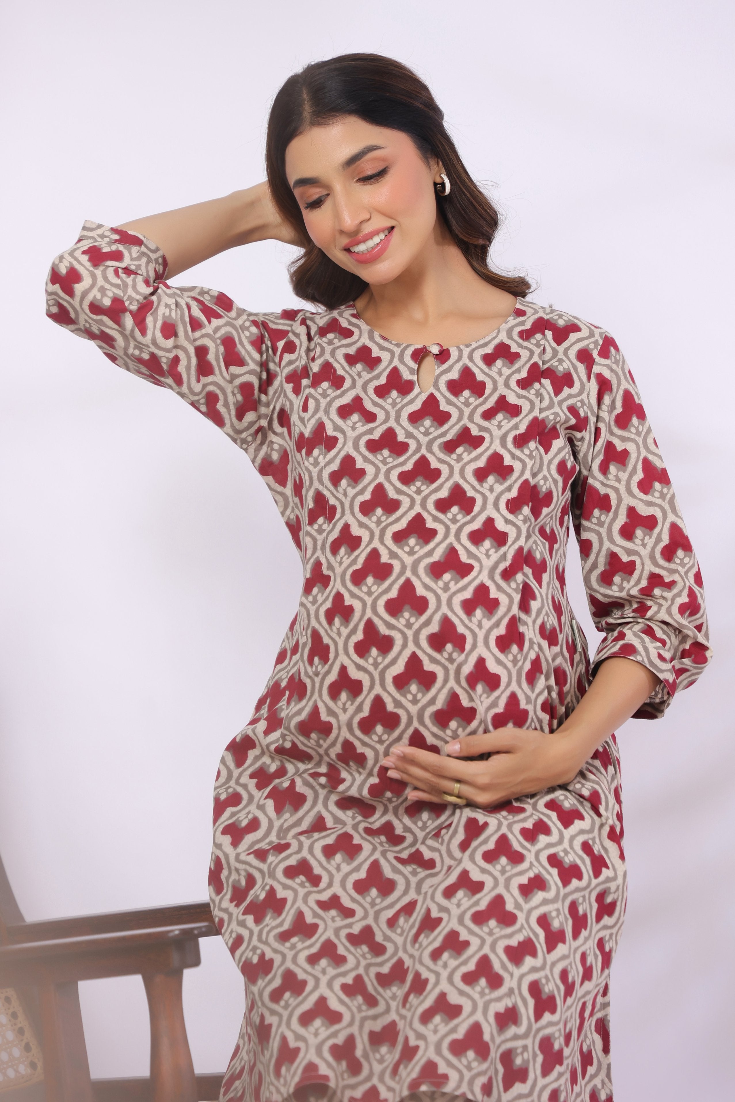Wine Lattice Cotton Maternity - Nursing Co-ord Set