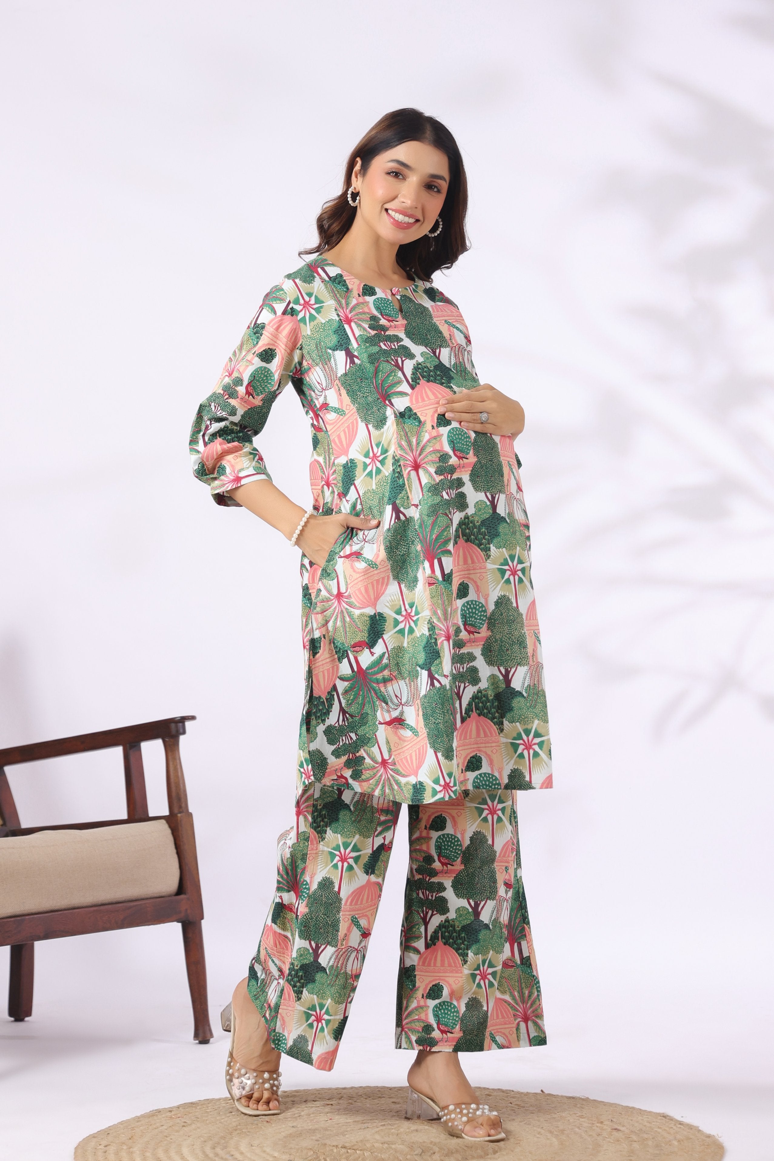 Jaipuri Peacock Bagh Cotton Maternity - Nursing Co-ord Set