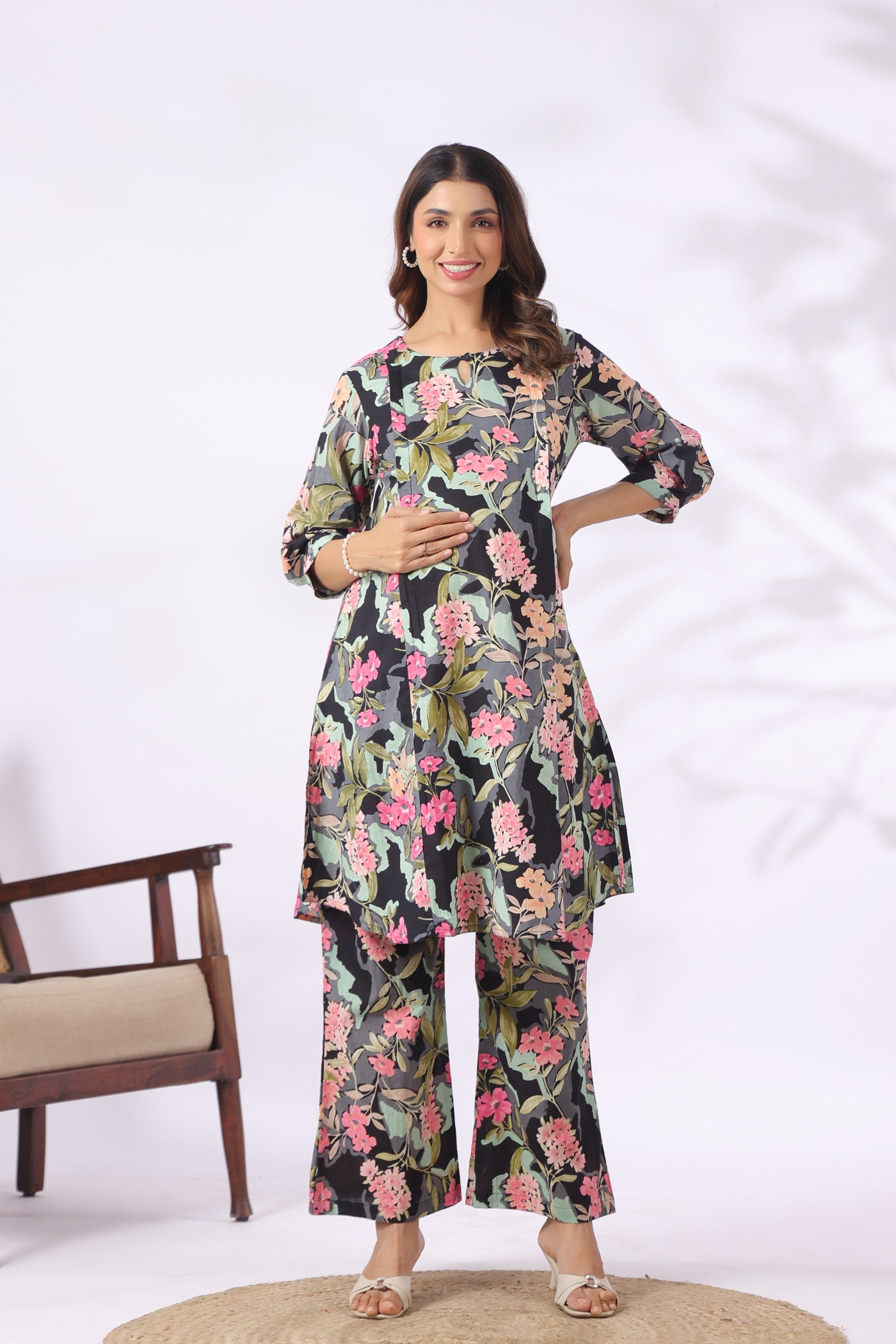Midnight Pink Blossom Cotton Maternity - Nursing Co-ord Set