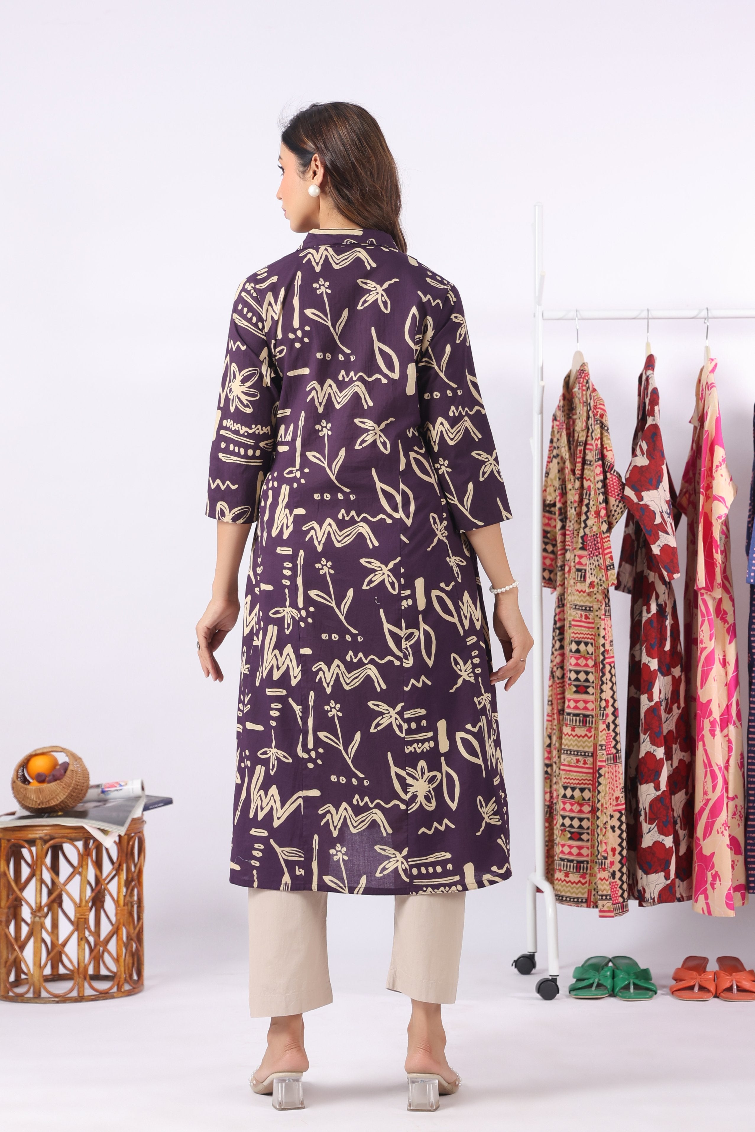 Purple Doodle Garden Cotton Maternity - Nursing Kurta