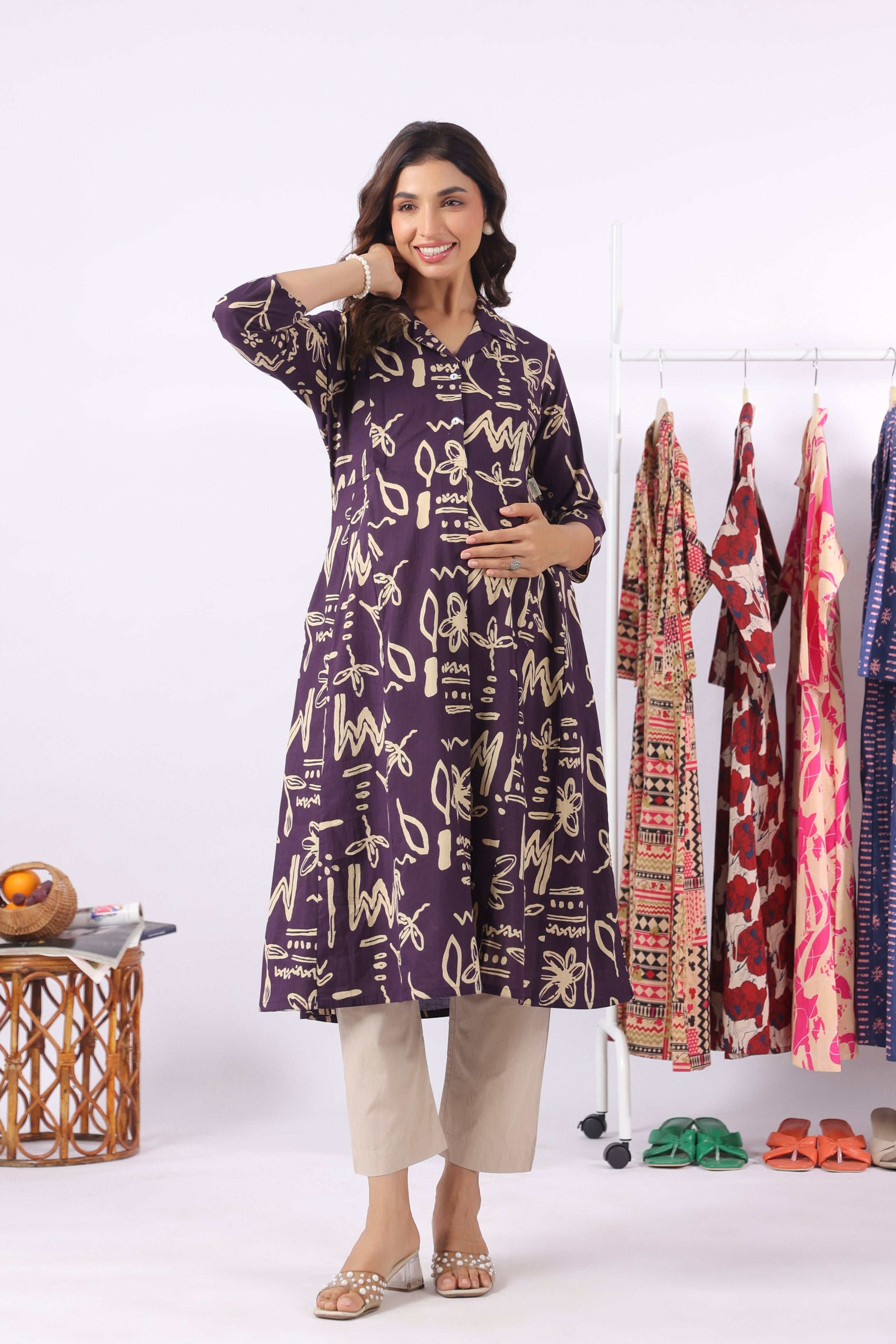 Purple Doodle Garden Cotton Maternity - Nursing Kurta