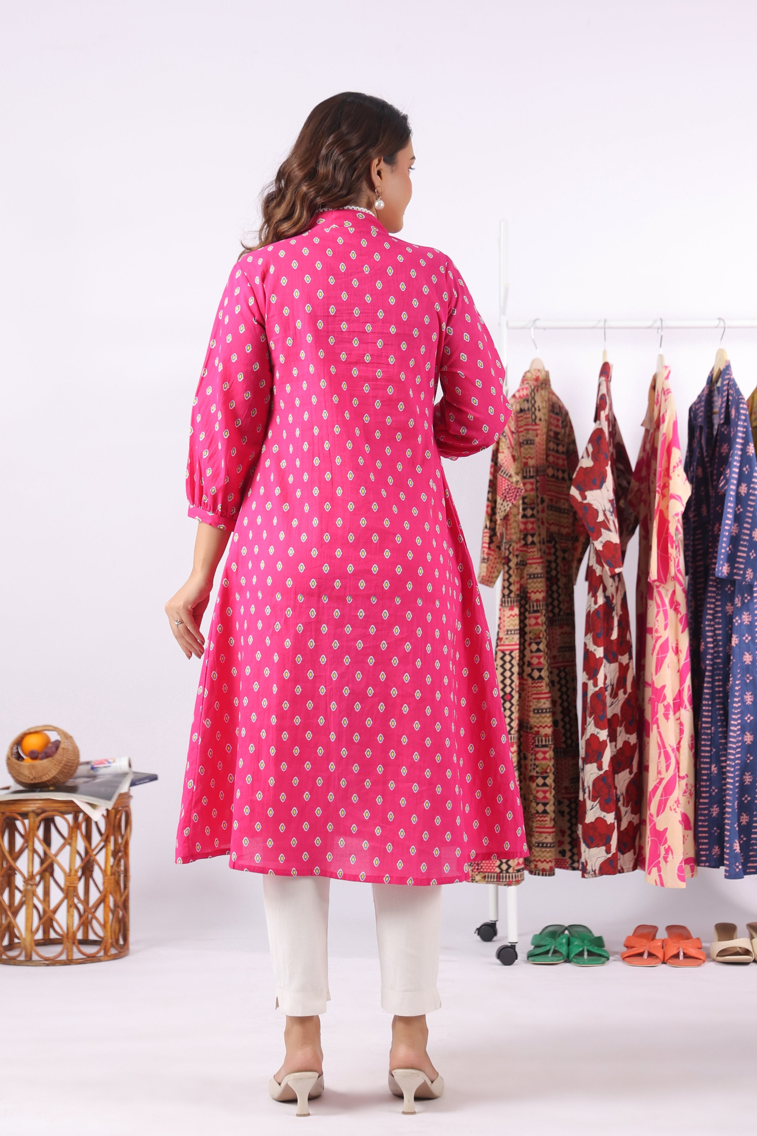 Fuchsia Petal Motif Cotton Maternity - Nursing Kurta