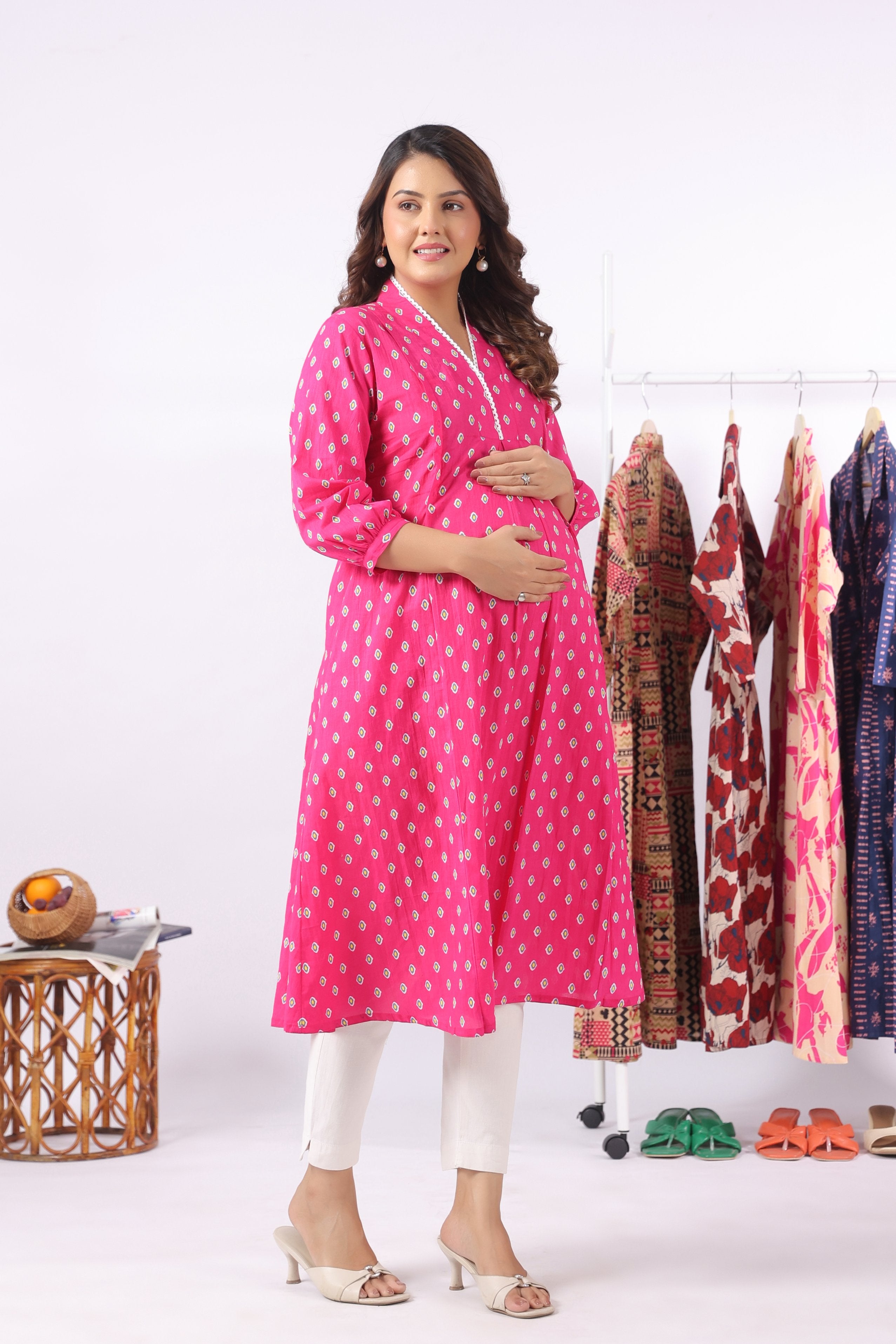 Fuchsia Petal Motif Cotton Maternity - Nursing Kurta