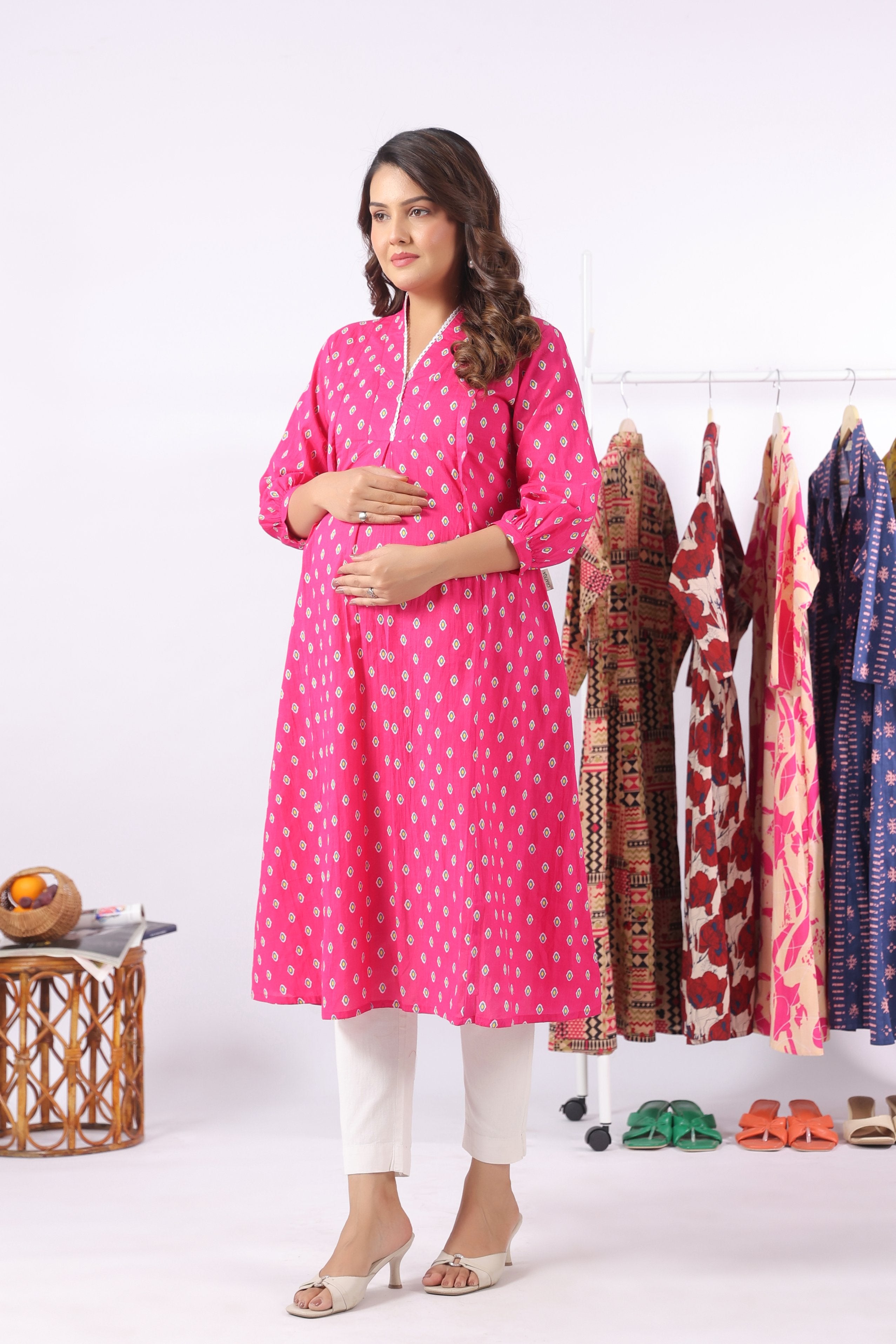 Fuchsia Petal Motif Cotton Maternity - Nursing Kurta