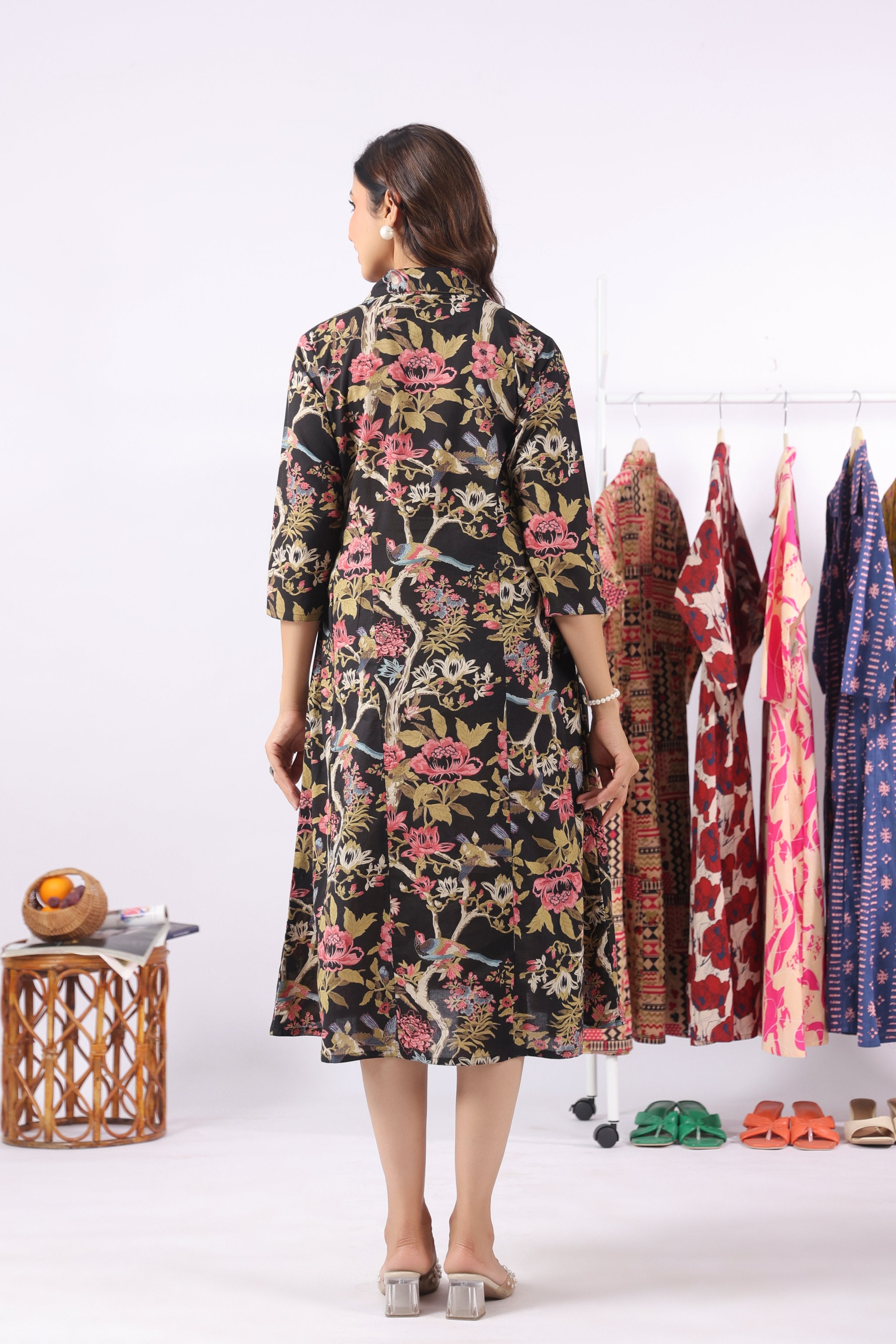 Twilight Garden Birds Cotton Maternity - Nursing Dress