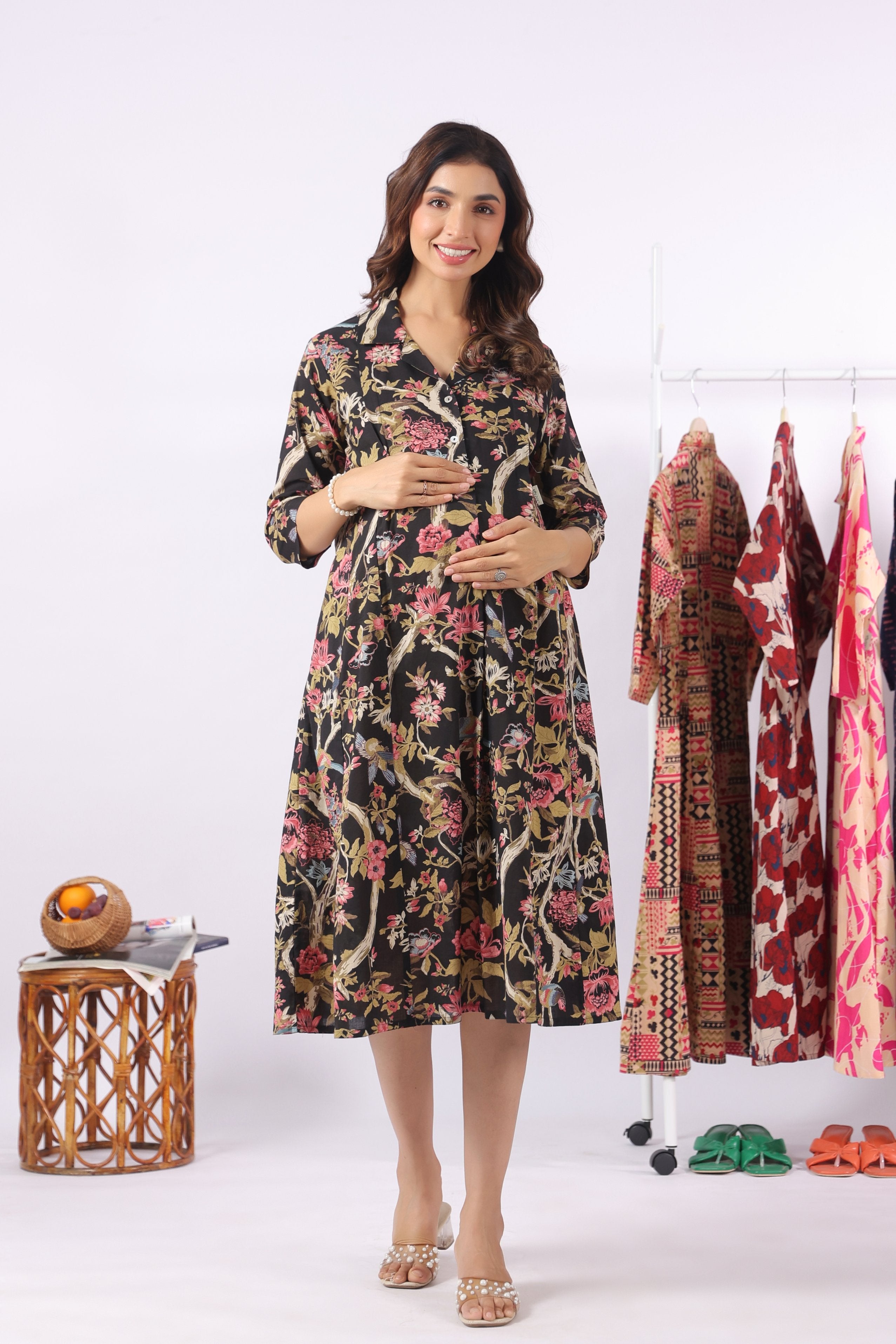 Twilight Garden Birds Cotton Maternity - Nursing Dress