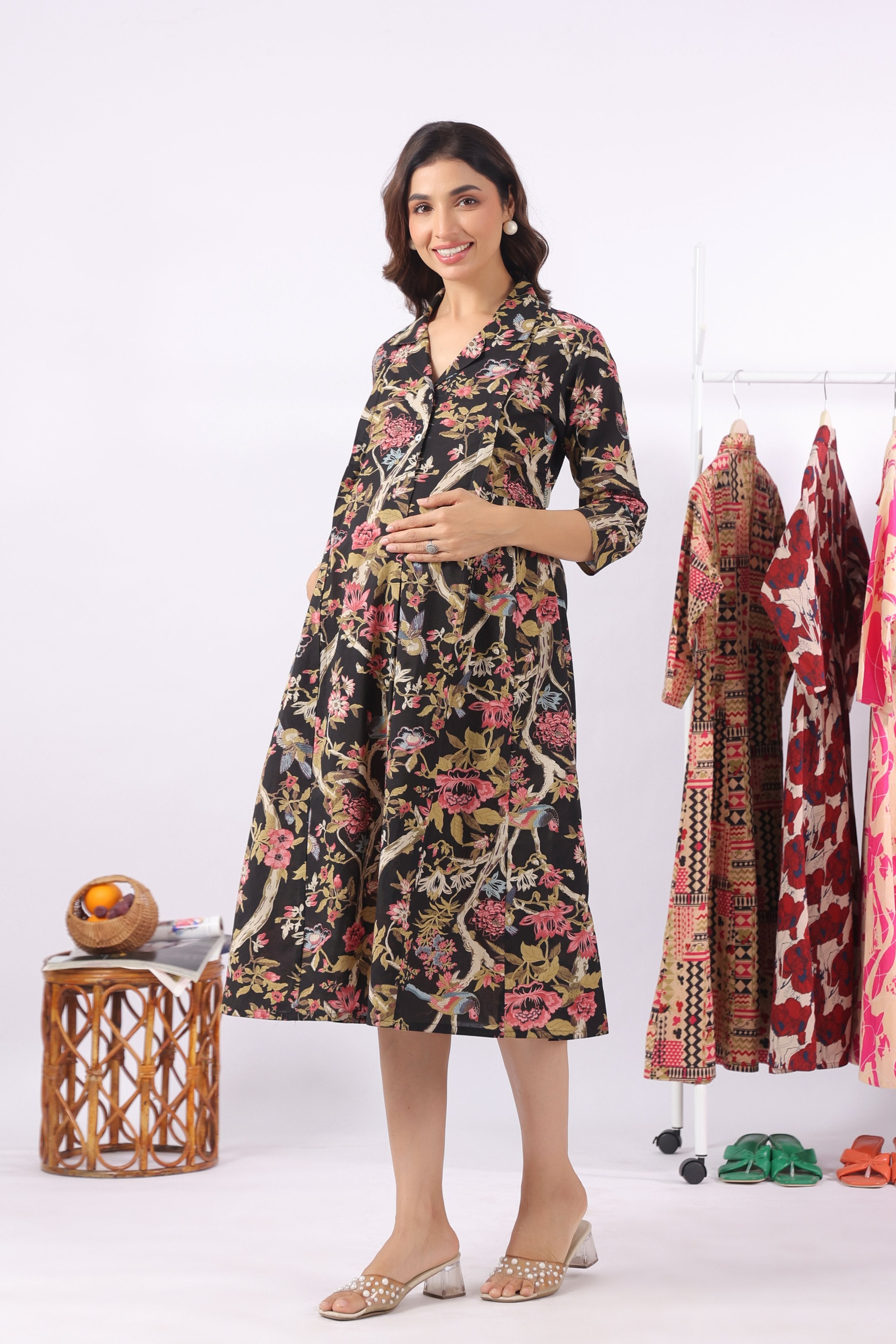 Twilight Garden Birds Cotton Maternity - Nursing Dress
