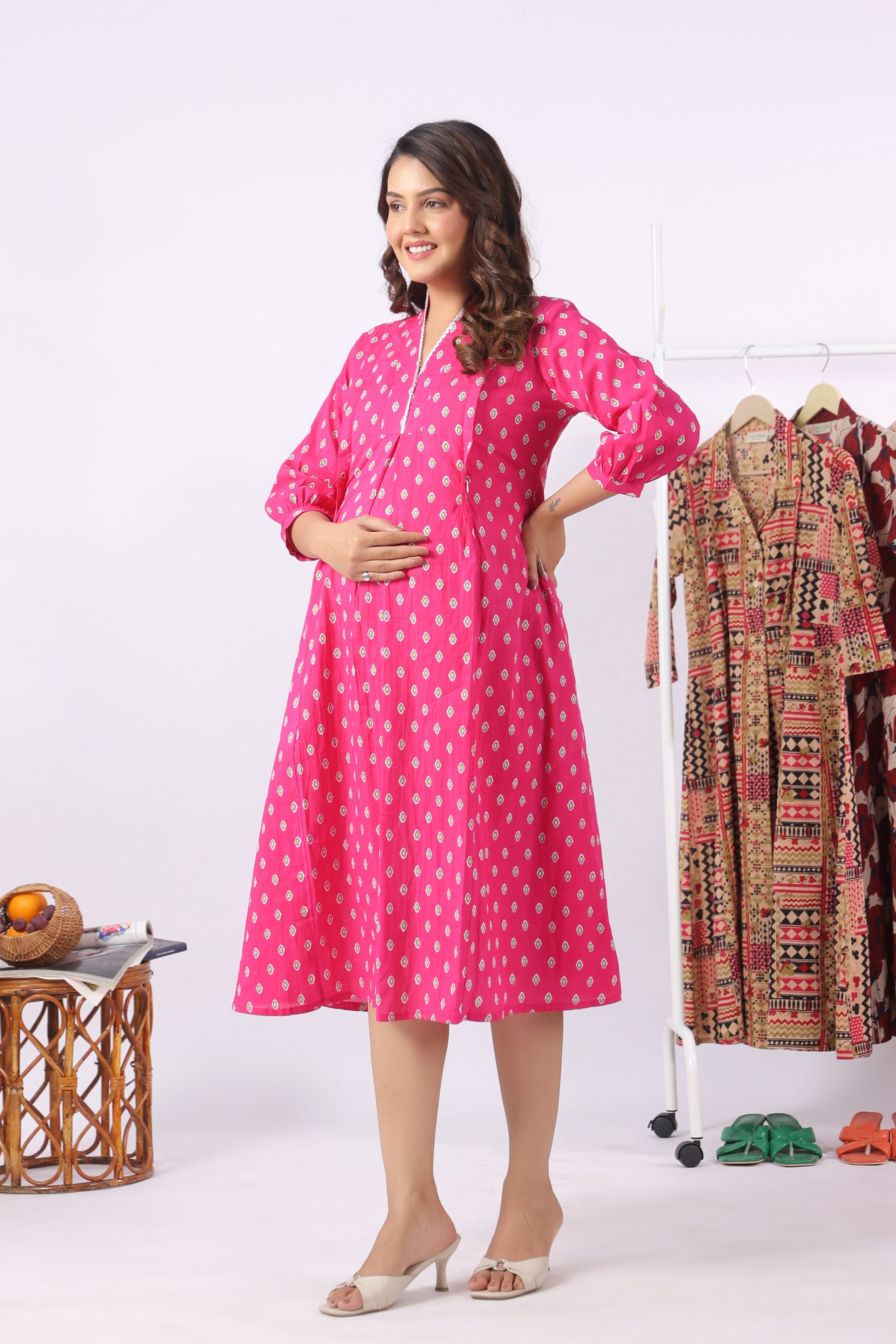 Fuchsia Petal Motif Cotton Maternity - Nursing Dress