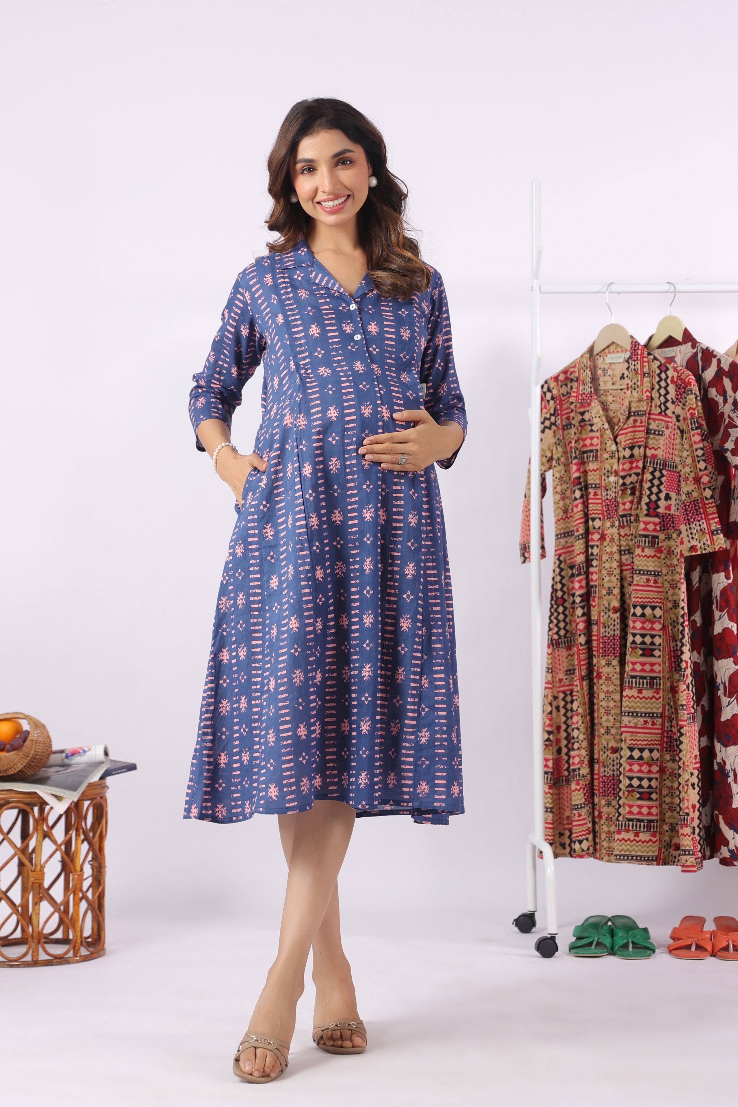 Indigo Art Marks Cotton Maternity - Nursing Dress