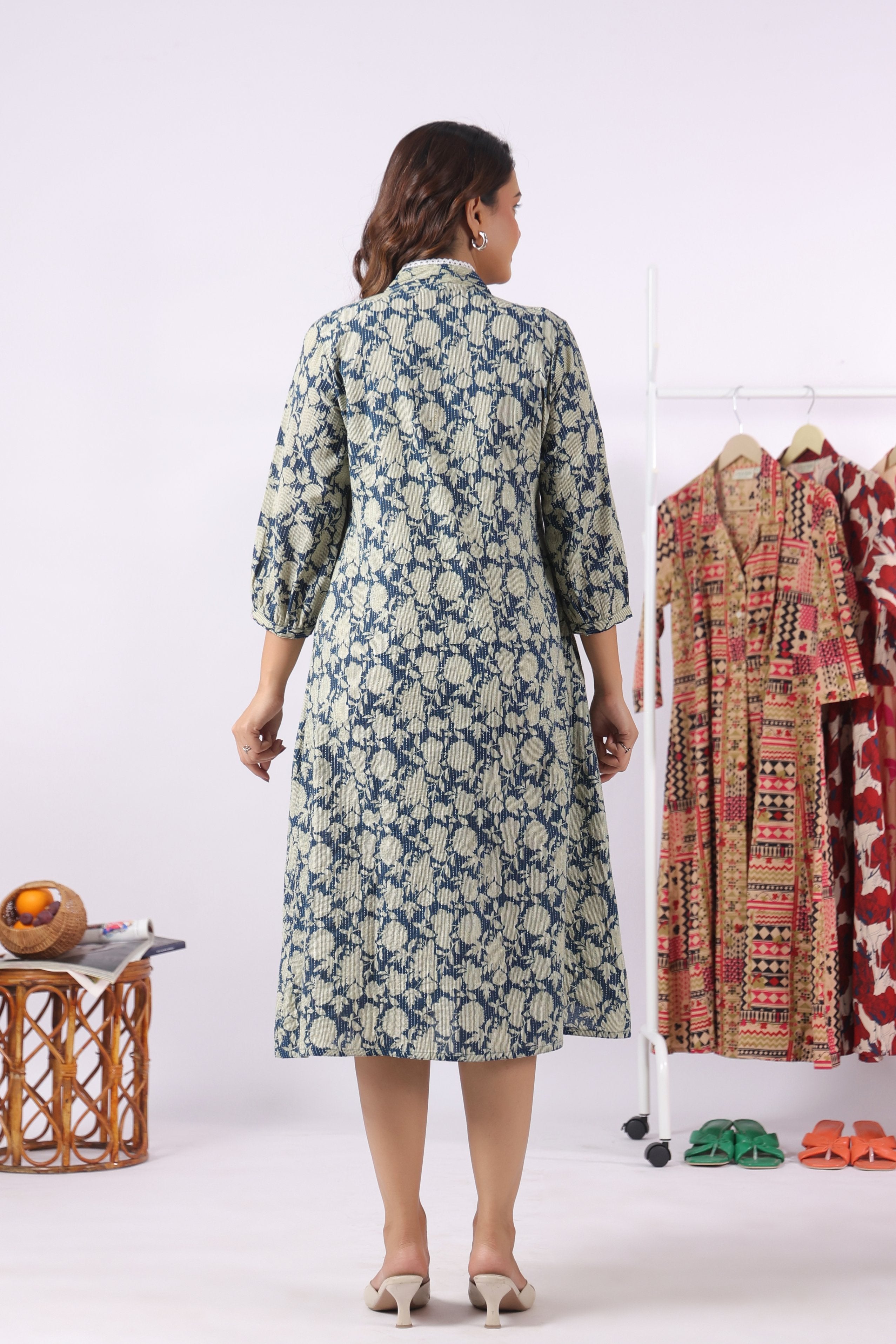 Indigo Phool Kantha Cotton Maternity - Nursing Dress